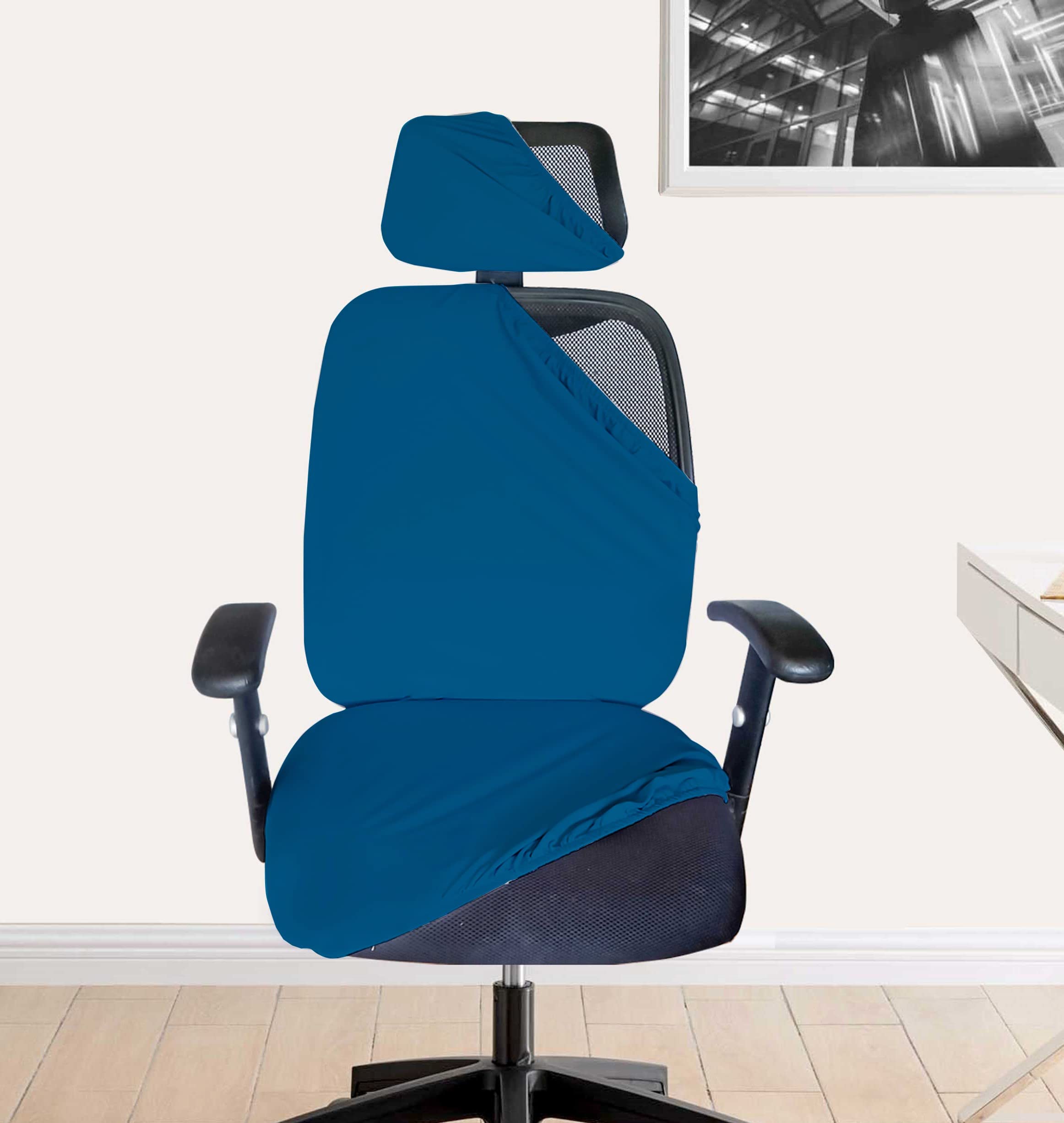 Hotkei 3 Piece Airforce Blue Office Chair Cover With Headrest Cover 200Gsm Fabric Stretchable Removable Computer Desk Executive 