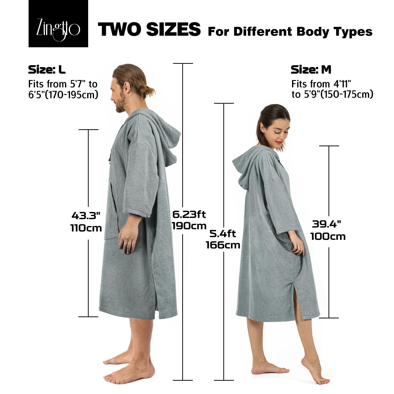 Zingtto Surf Poncho Changing Robe, 3/4 Sleeve Extra Large Thick Hoodie Towel Poncho For Men Women Beach Swimming, 43'' X 35'', G