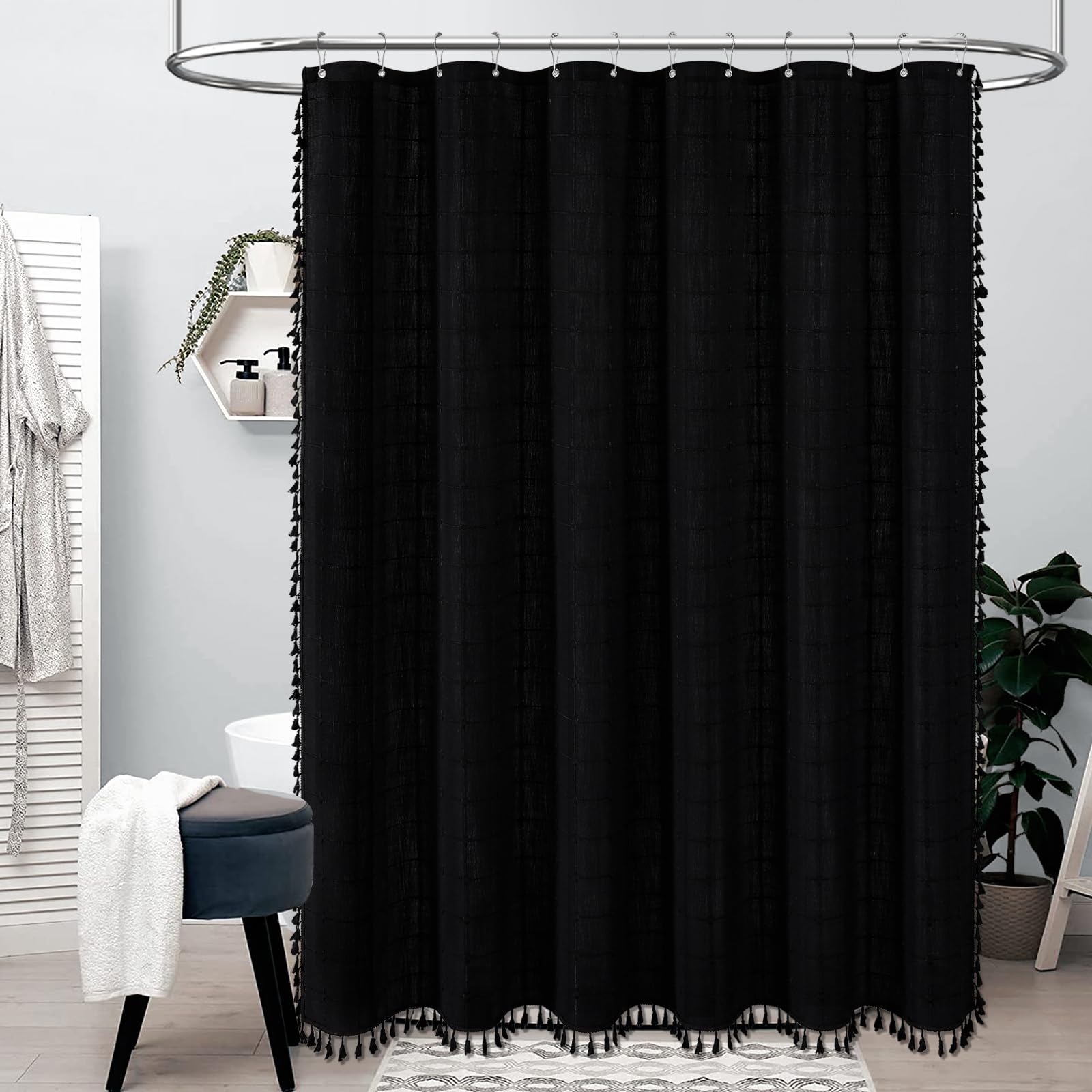 Bttn Boho Shower Stall Curtain - 36X72 Narrow Linen Ultra Thick Tassel Fabric Shower Curtain Set With 6 Plastic Hooks, Half Mode