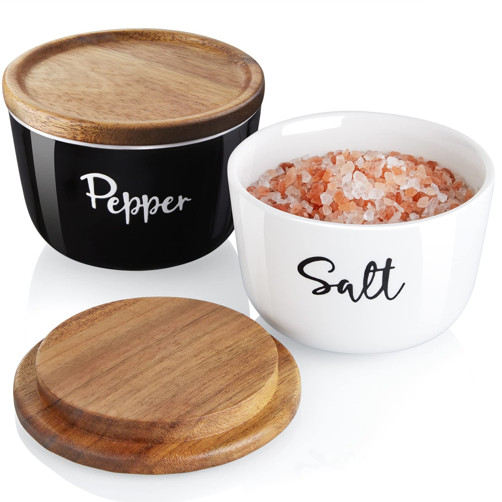 Salt And Pepper Bowls, Dayyet 10 Oz Salt Cellar With Lid, Stacked Ceramic Salt Pepper Container With Acacia Wood Lid, Salt Box F