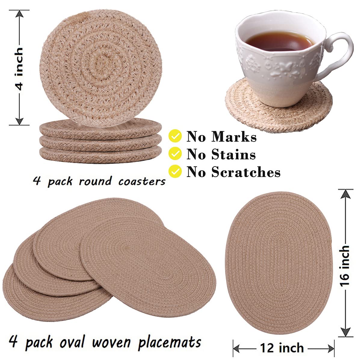 Wenfome 4 Pack Oval Jute Woven Placemats And Set Of 4 Round Fabric Coasters, Cotton Braided Placemats Set, Dining Table Mat, Hea