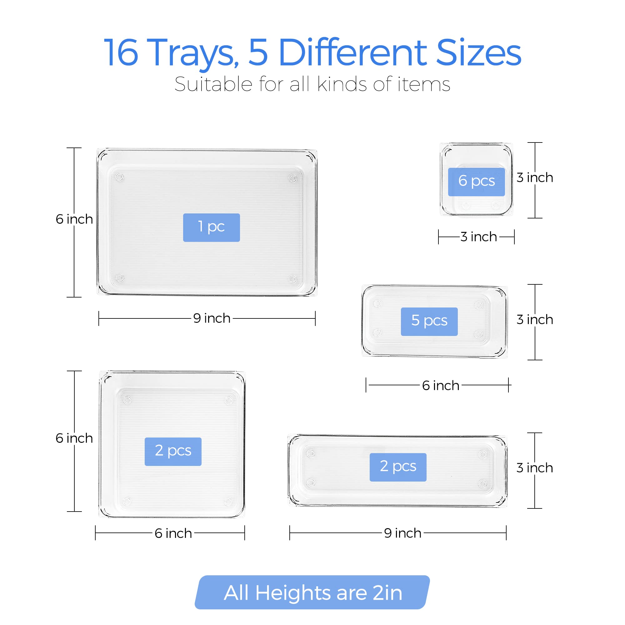 Ravinte 16 PCS Drawer Organizer Plastic Storage Bins, 5 - Size Kitchen Drawer Organizer with Non-Slip Pads Clear Desk Storage Tr