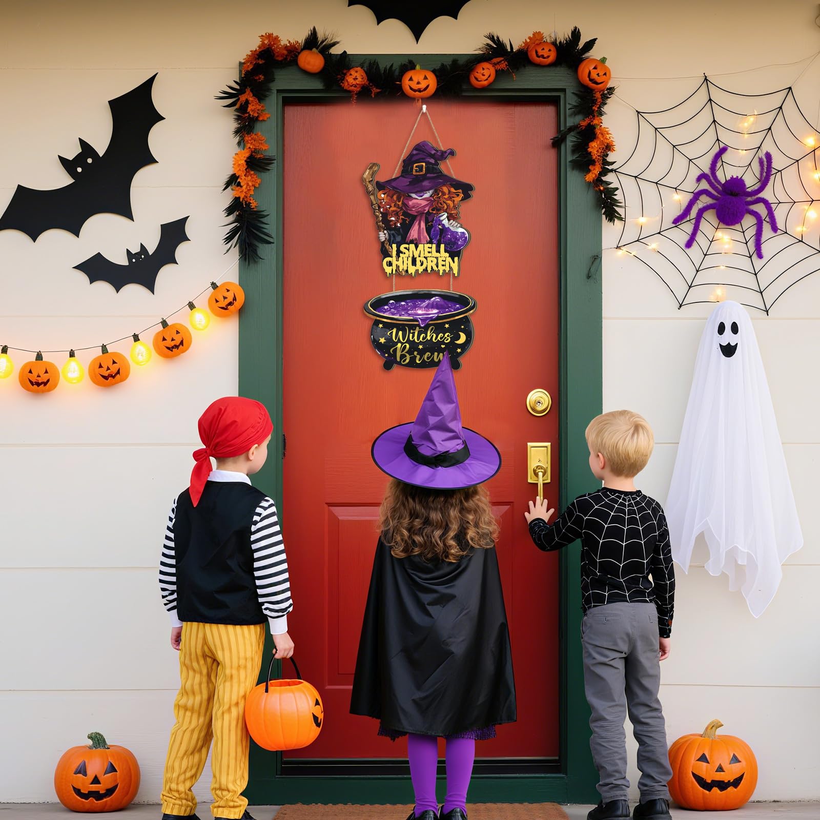 Aurlan Halloween Door Sign Witch,I Smell Children Sign,Halloween Door Hanger Hocus Pocus,Witches Brew Decor,Magic Witch Hat Wall