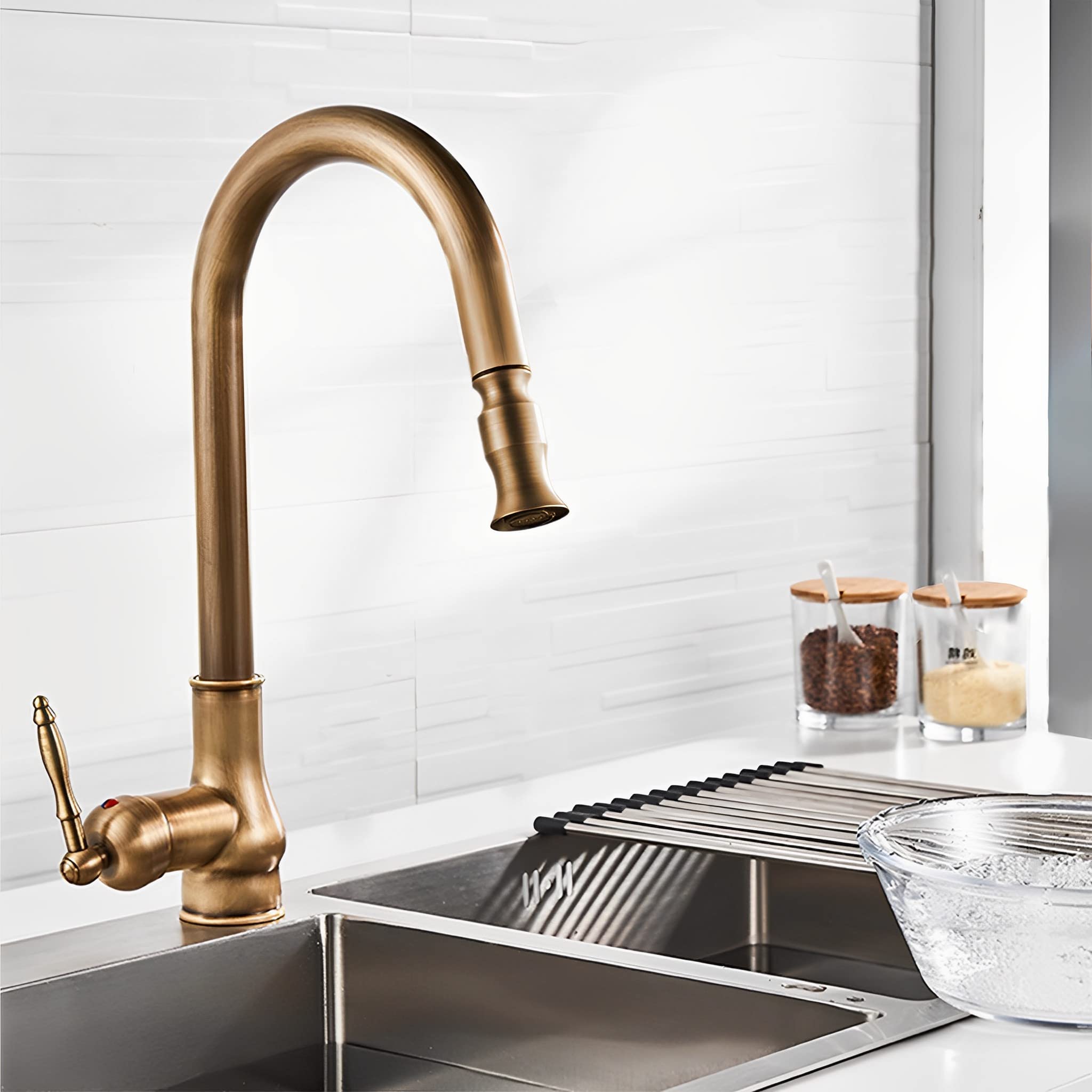 Single Handle Kitchen Faucet,Antique Copper One Hole Pull Out Pull Down Widespread Brass Faucet Body With Cold Hot Mixer Hoses