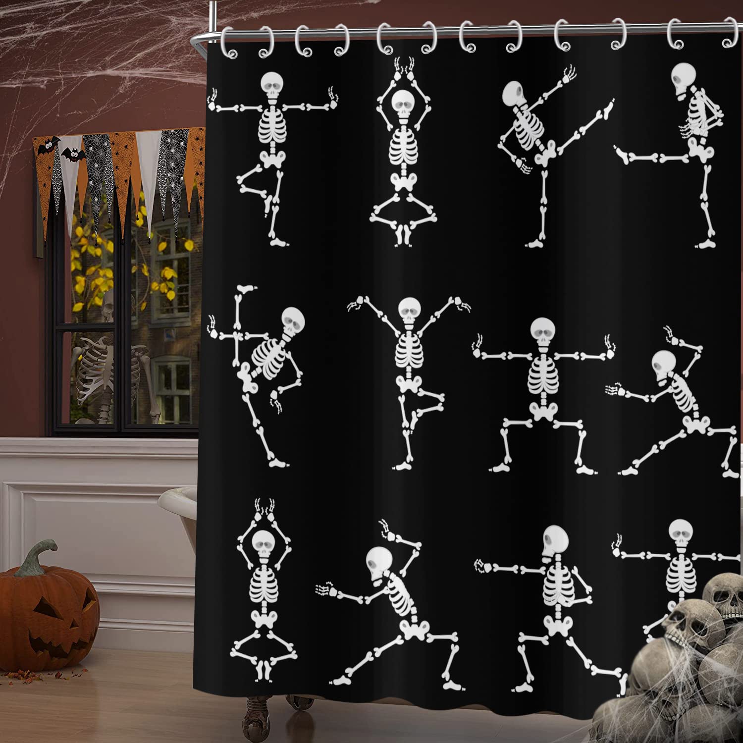 Gcirec Halloween Shower Curtain, Cartoon Funny Skull Skeleton Dancing Bathroom Curtain Halloween Party Retro Bath Curtain Waterp