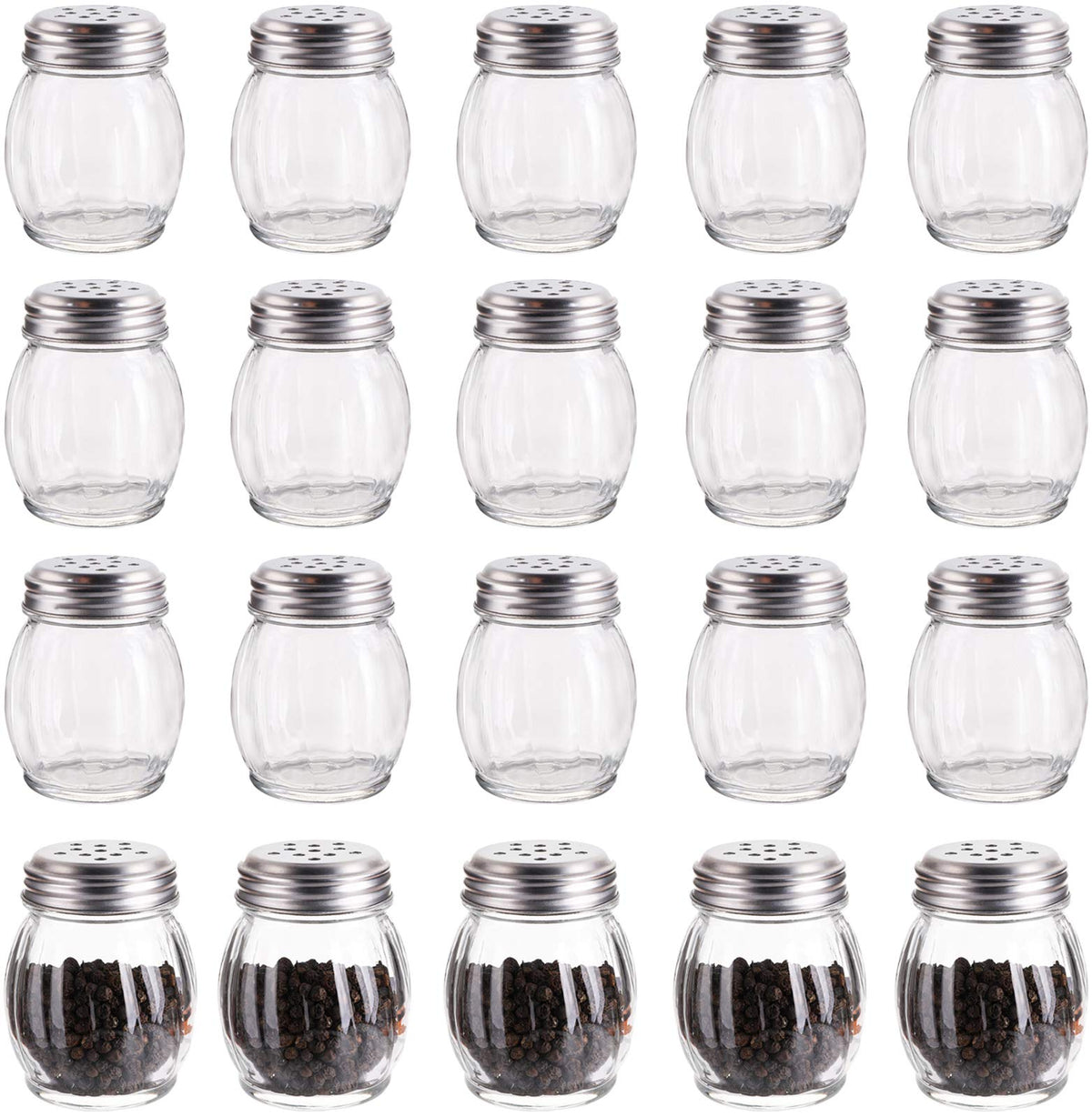 Nicunom 20 Pack 6 Oz Spices Shaker With Perforated Stainless Steel Lid, Swirl Glass Parmesan Cheese Shaker With Slotted Caps, Sa