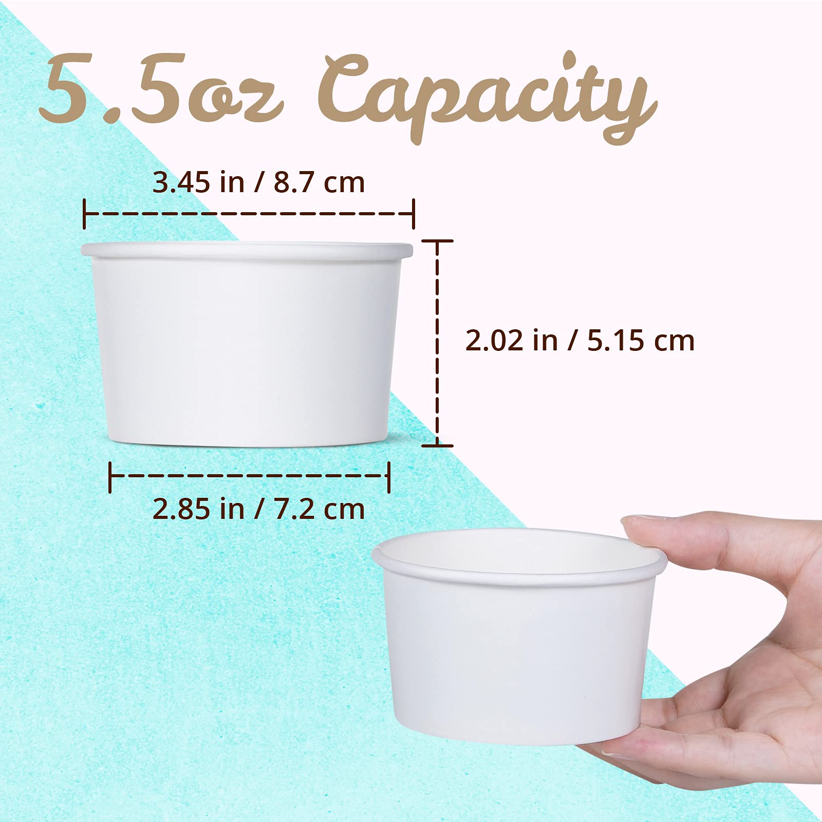 MATICAN Paper Ice Cream Cups - 50-Count 5.5-Oz Disposable Dessert Bowls for Hot or Cold Food  5.5-Ounce Party Supplies Treat Cups for Sundae  Frozen Yogurt  Soup  White