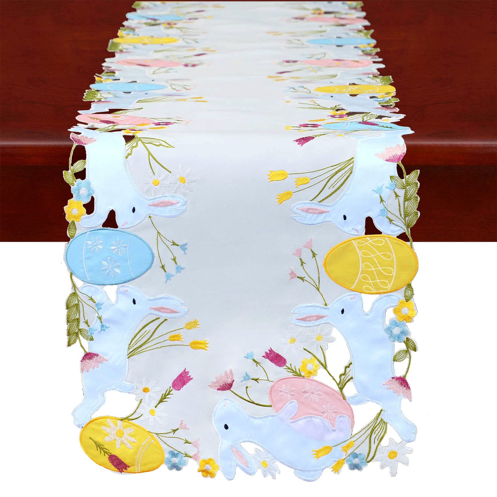 Simhomsen Embroidered Colorful Eggs And Bunny Table Runners Dresser Scarf For Easter Holiday Or Spring Season (14 X 53 Inches)