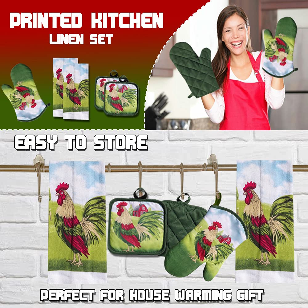 Lobyn Value Packs 5-Piece Country Kitchen Towel Set, Cotton, New Rooster, Includes Dish Towels, Oven Mitt & Potholders