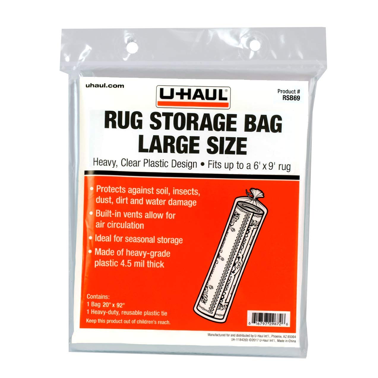U-Haul Large Rug Storage Bag (Fits Rugs Up To 6' X 9') - Protection For Large Rolled Rug - 20'' X 92''