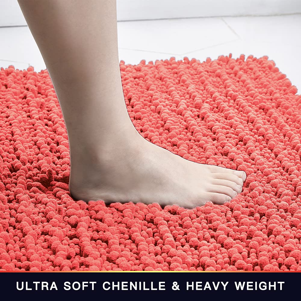 Walensee Bathroom Rug 2 Pieces Set Non Slip Bath Mat (17X24 Plus 20X32 Inch Living Coral) Water Absorbent Super Soft Shaggy Chen