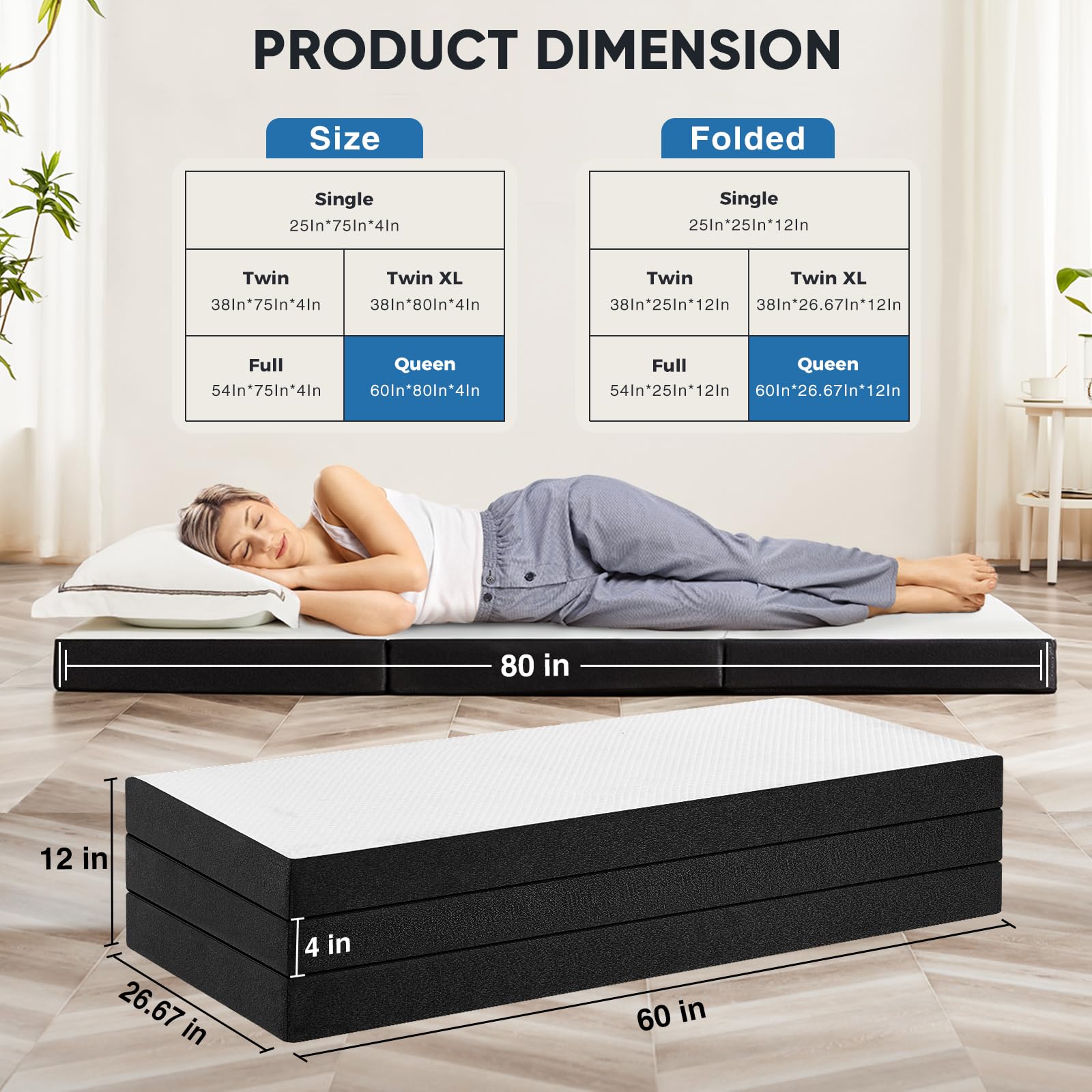 Olixis Tri-Fold Memory Foam Mattress - 4 Inch Queen Size Portable Floor Bed, Foldable Mat For Kids And Adults, Collapsible And W