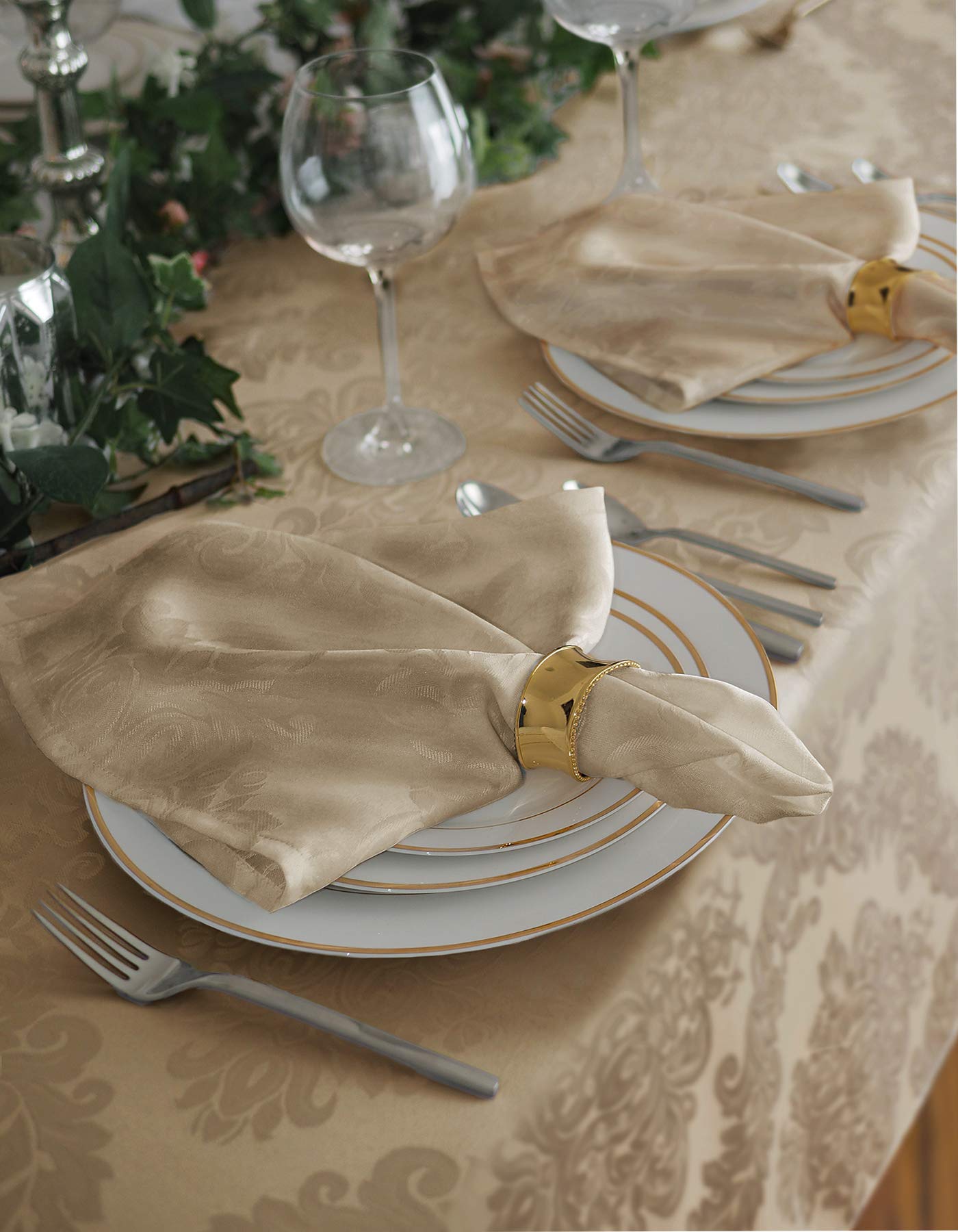 Newbridge Barcelona Luxury Damask Fabric   100% Polyester  No Iron  Soil Resistant Dining Room  Party Banquet and Holiday Tablecloth  52 Inch x 52 Inch Square  Golden Beige