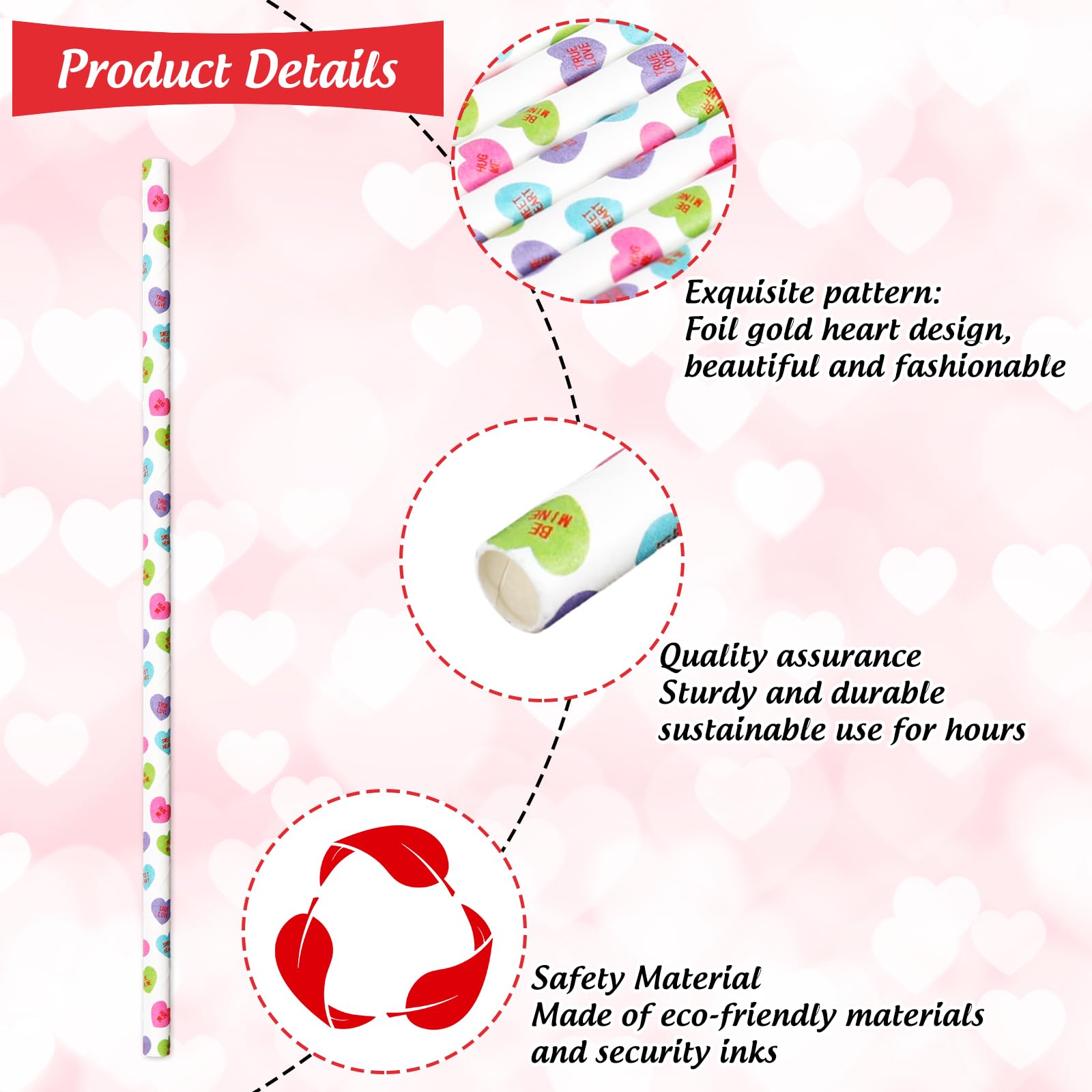 Whaline 200Pcs Valentine'S Day Paper Straws Conversation Heart Disposable Drinking Straws Candy Color Heart Decorative Straws Fo