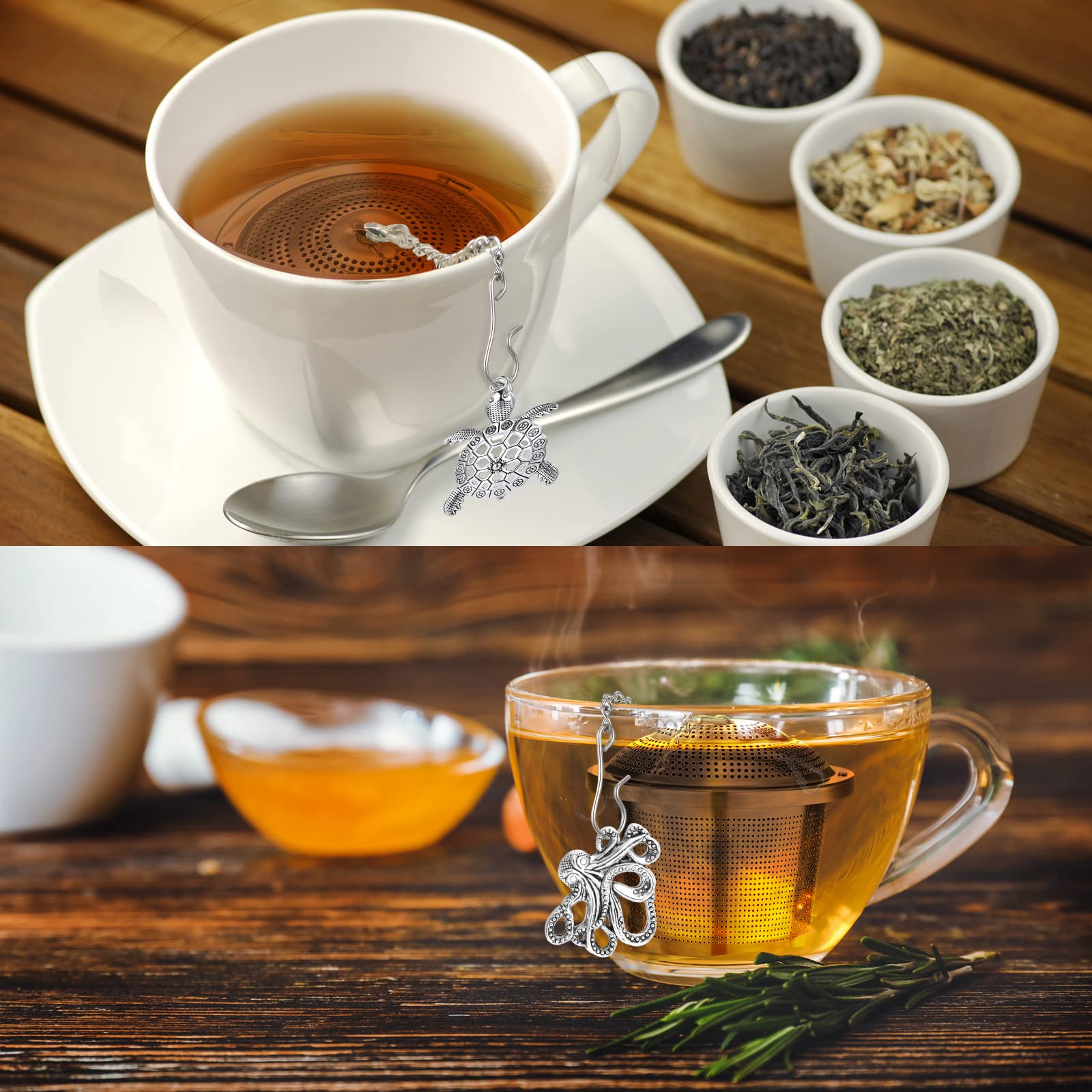 CHENGU Stainless Steel Tea Infusers for Loose Leaf Tea - 3 Sets with Drip Trays, Aquatic Creatures Style, Silver