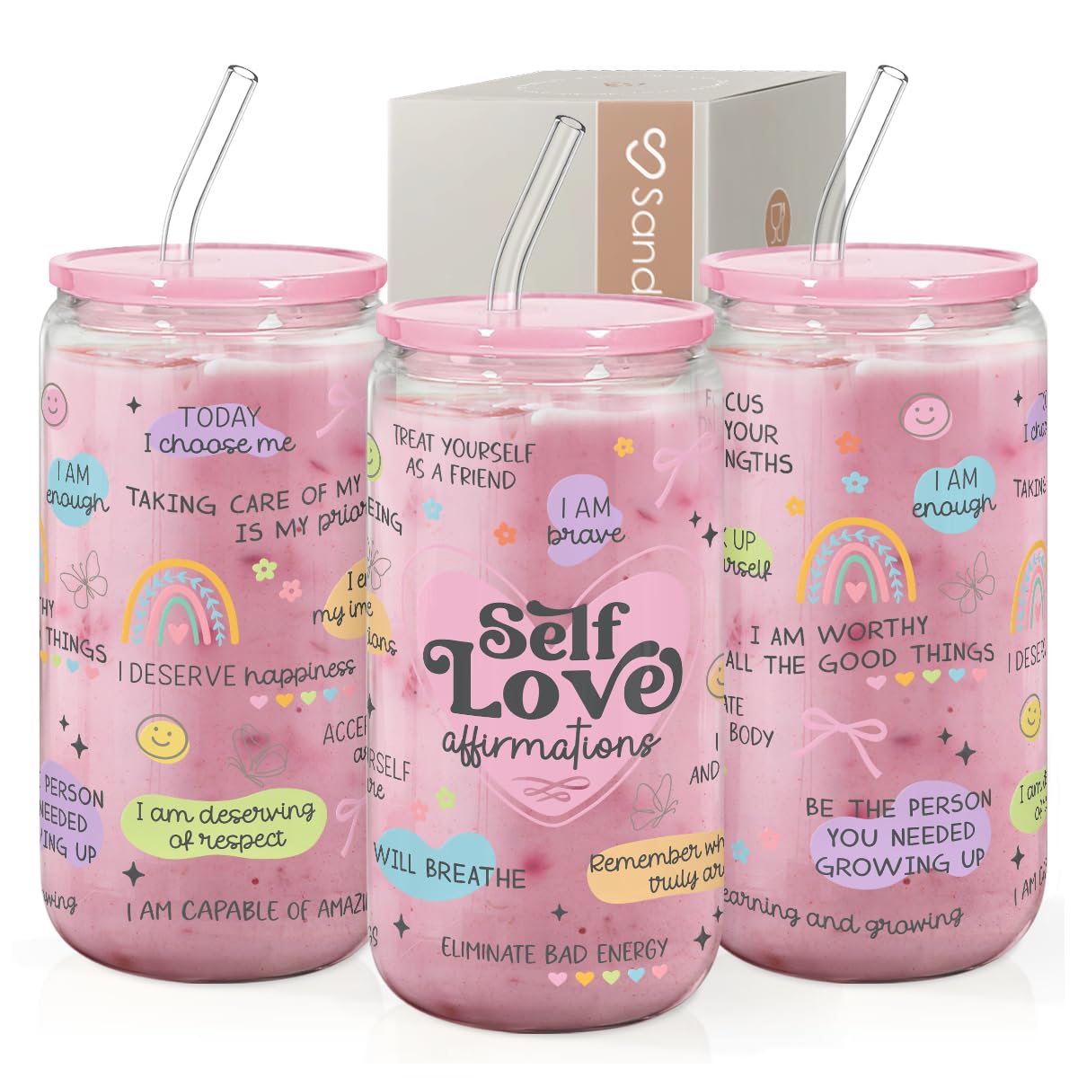 Inspiration Glass Can, Self Love Iced Coffee Aesthetic Cup, Gifts for Christmas Birthday, Gift for Women Girls, 16oz