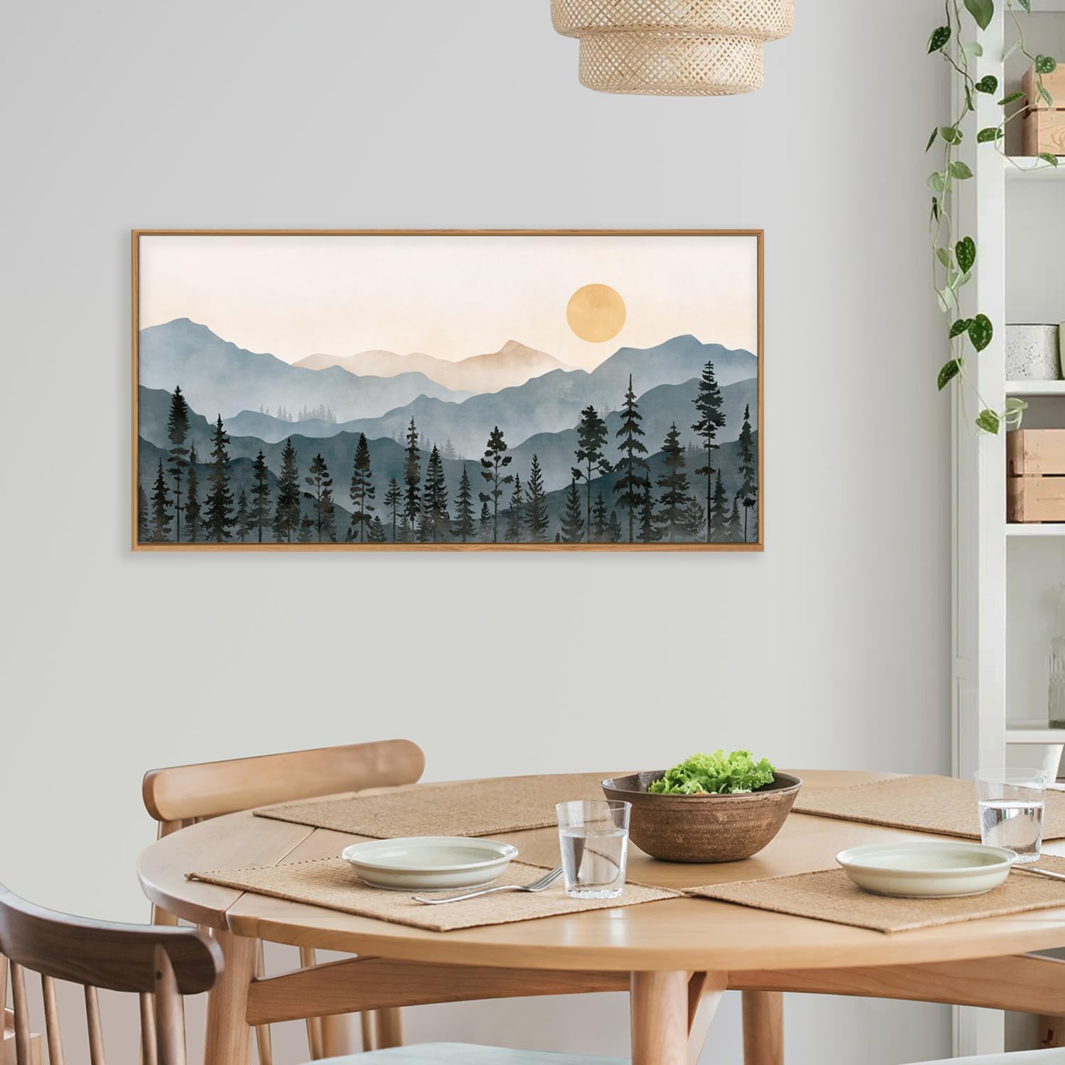 Lhiuem Boho Mountain Framed Canvas Wall Art Set,Forest Pine Tree Wall Decor,Nature Sunrise Wilderness Landscape Art Painting For