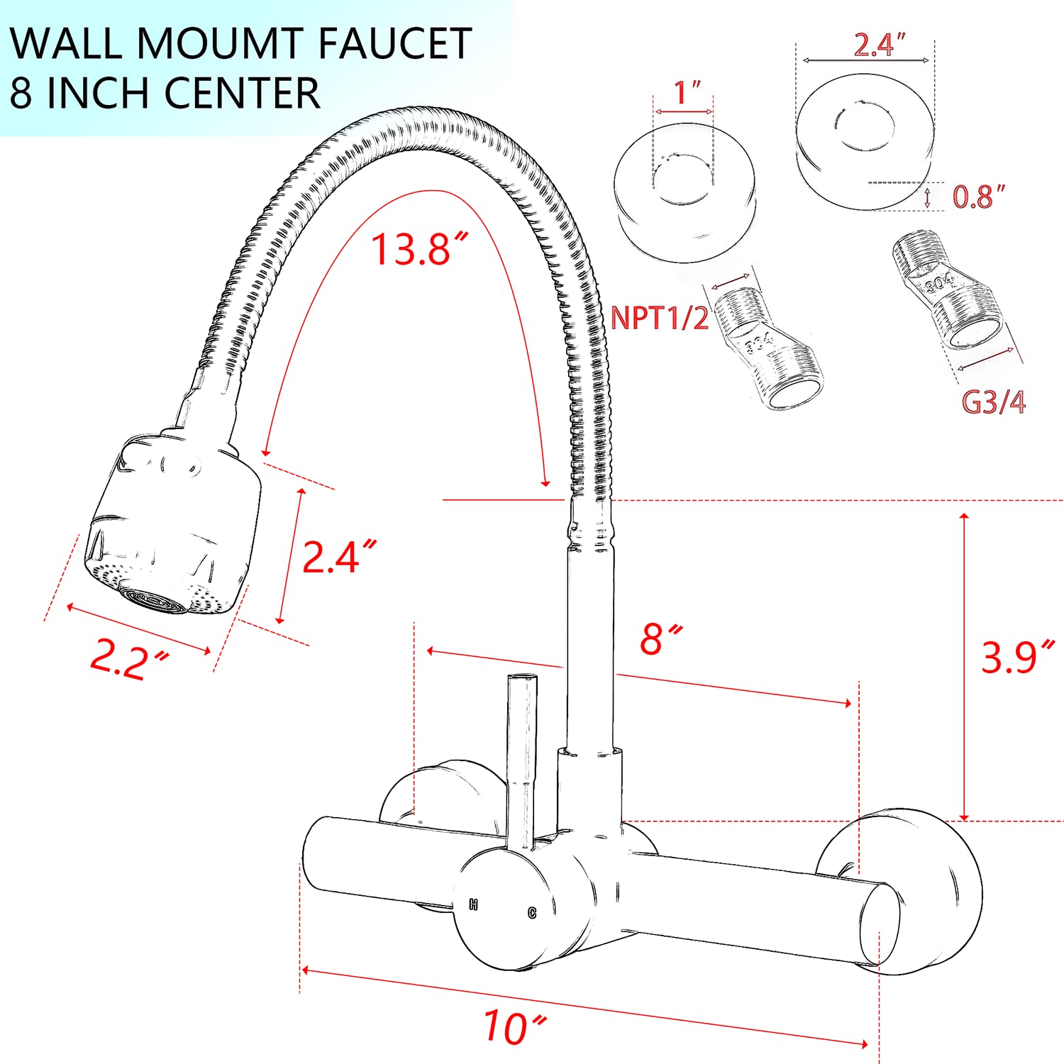 Zhyich Kitchen Sink Faucet Wall Mount With Sprayer, Stainless Steel Mixer Tap, Matte Black Finish, Nsf And Lead-Free Certified F
