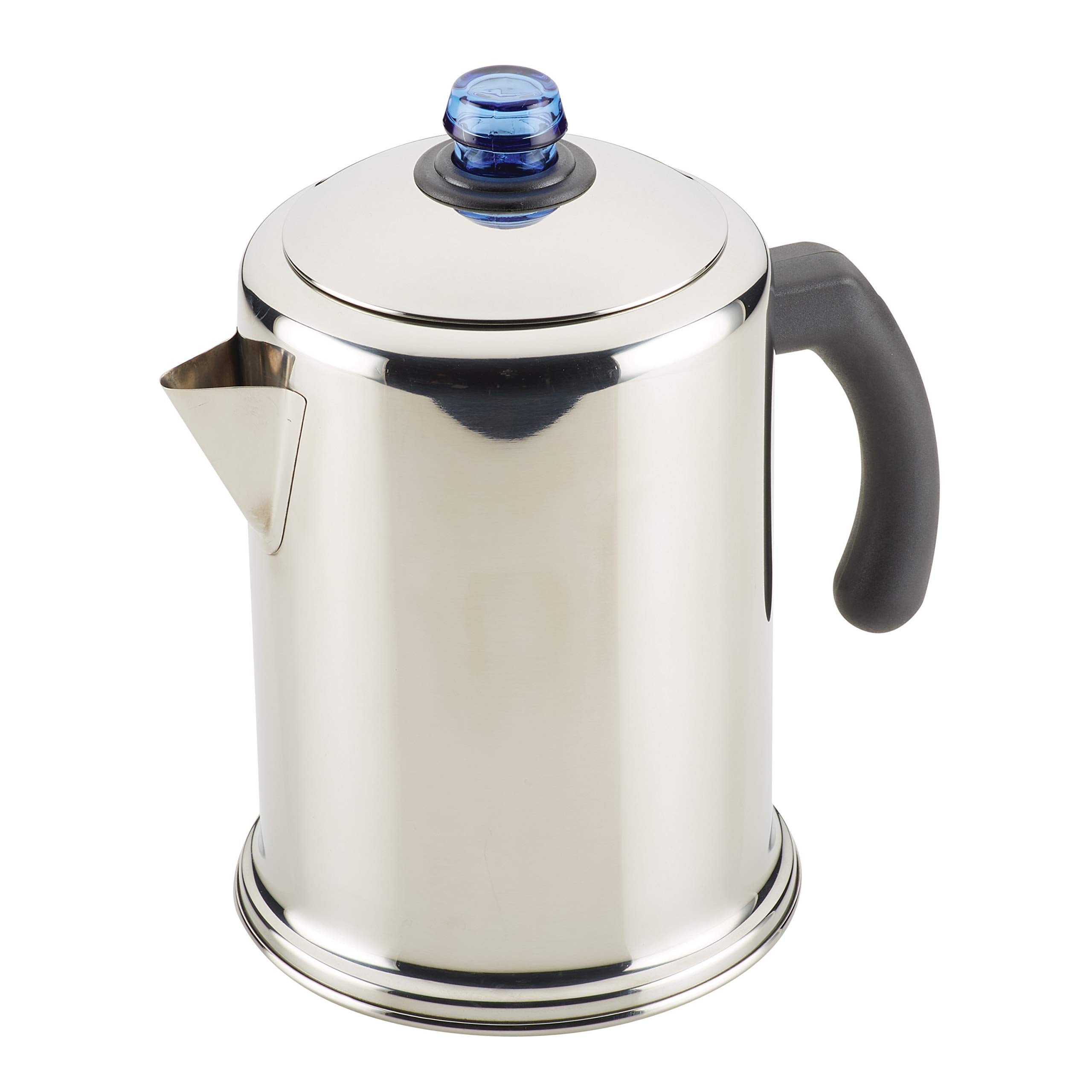 Farberware Classic Stainless Steel Coffee Percolator, 12 Cup, Silver with Glass Blue Knob, 7.28D x 8.86W x 10.83H