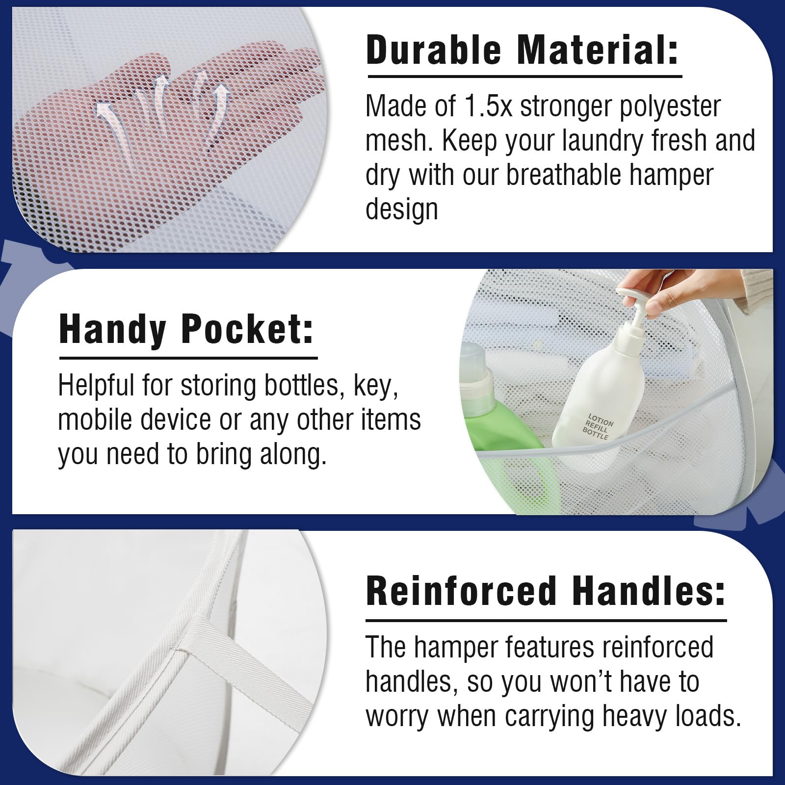 Techmilly Collapsible Mesh Pop Up Laundry Hamper With Strong Handles, Large Opening Clothes Hamper With Side Pockets, Storage Ba
