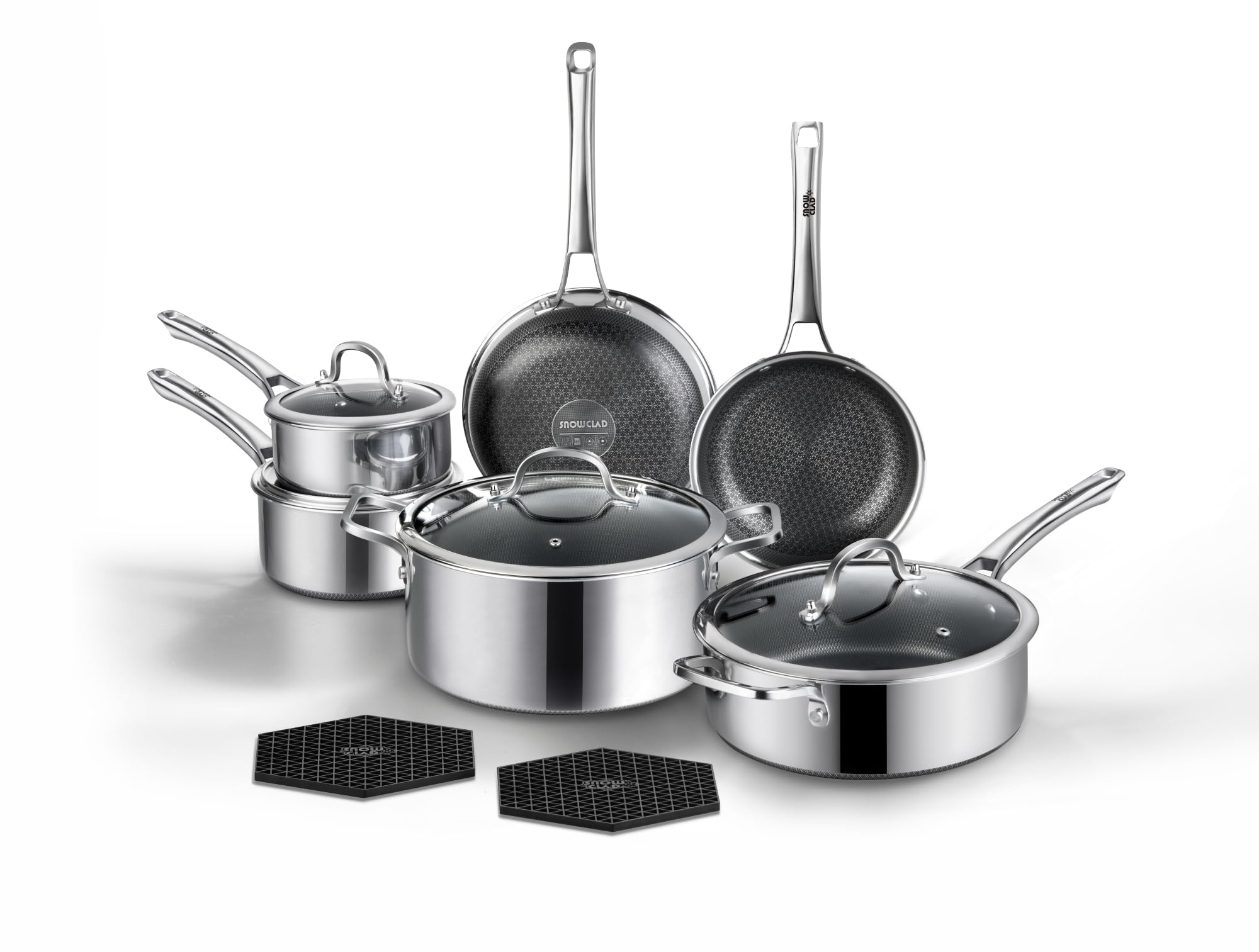 SNOWCLAD Non Stick Frying Pans,12Pcs Stainless Steel Skillet,Pan with Lid