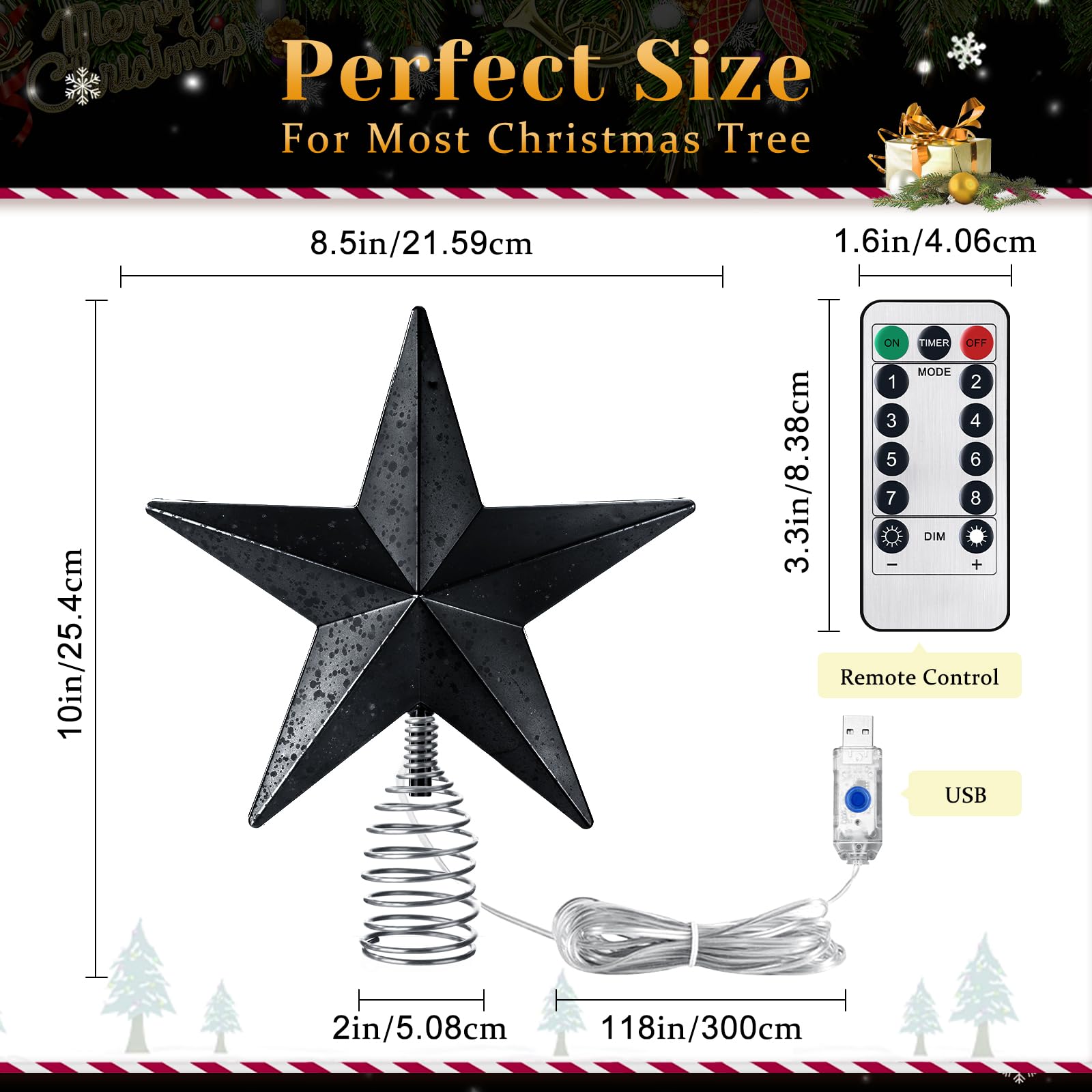 Black Christmas Tree Star Topper with Lights, 8.5-Inch Light-Up Christmas Tree Topper with Remote Control, 4 Brightness Levels &