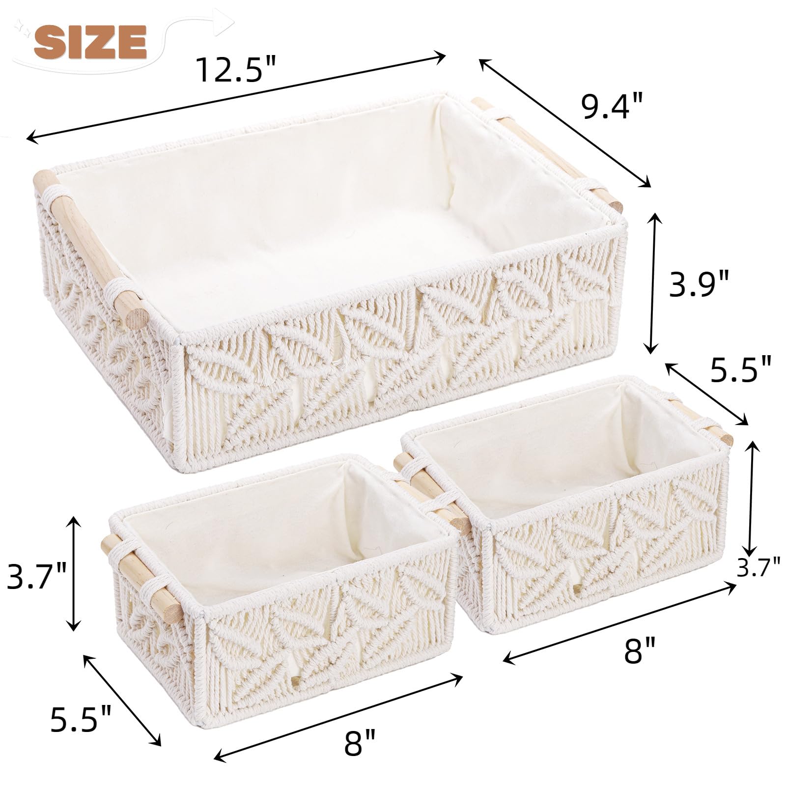 Zoofox Set Of 3 Macrame Storage Basket, Handmade Woven Boho Basket With Cloth Liner And Wooden Handles, Decorative Toilet Tank S