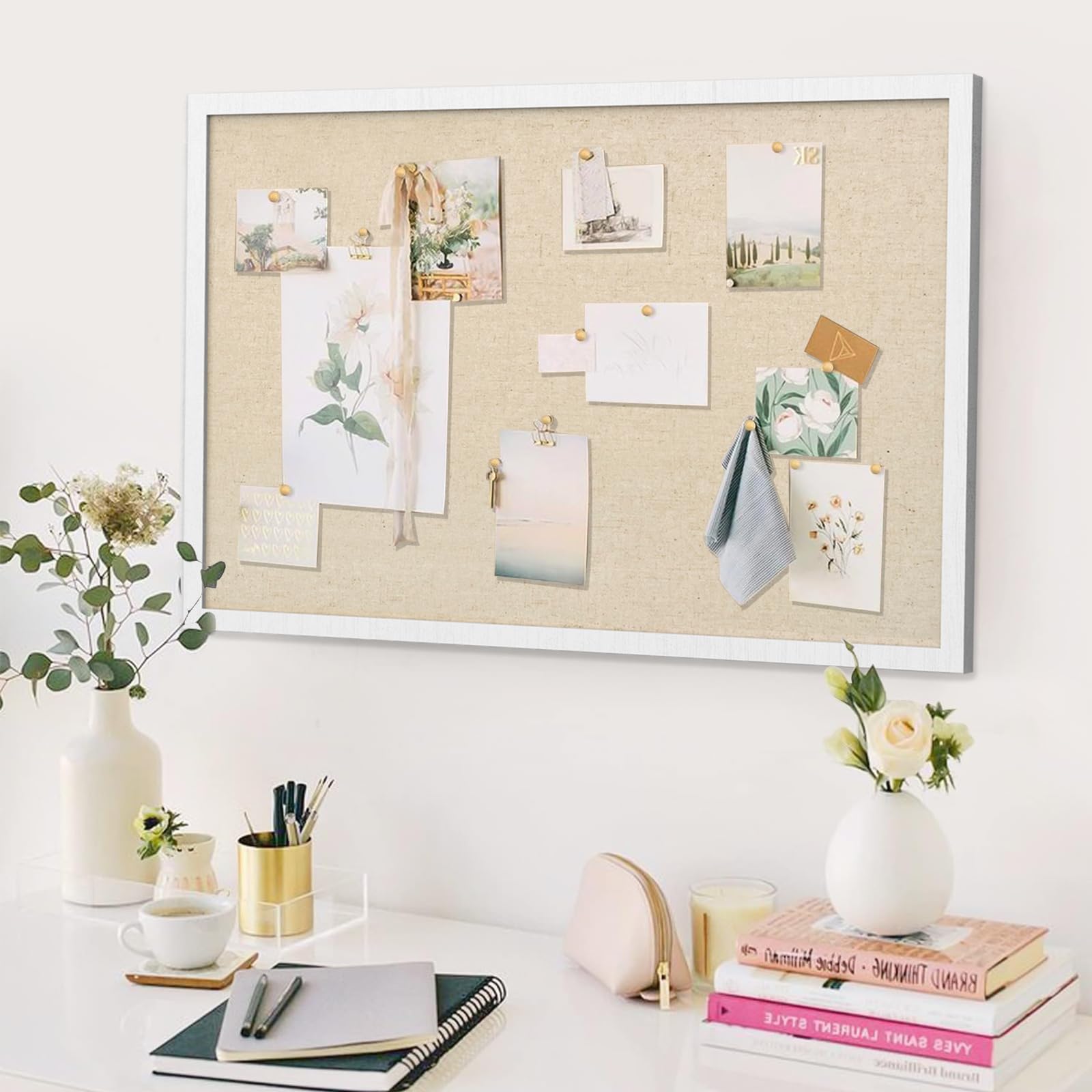 Miratino Large Bulletin Board 30x20 inch with Linen Cork Boards Wall Decor Hanging Pin Wood Framed Display Bulletin Cork Photo Picture Board Light for Room School Office 20-Pushpin Vintage White