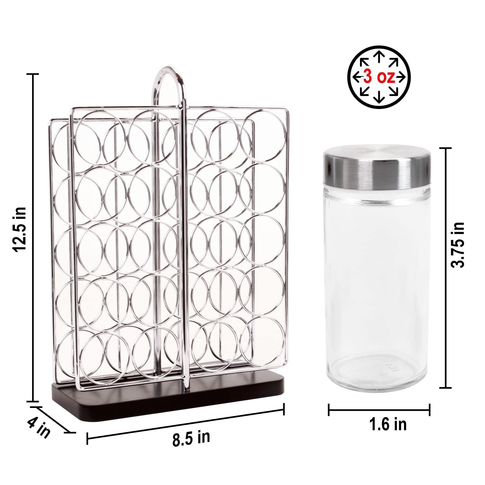 Orii 20 Jar Chrome Wire Spice Rack with Bamboo Base | Includes Silicone Funnel | 160 Preprinted + 20 Blank Spice Labels Included