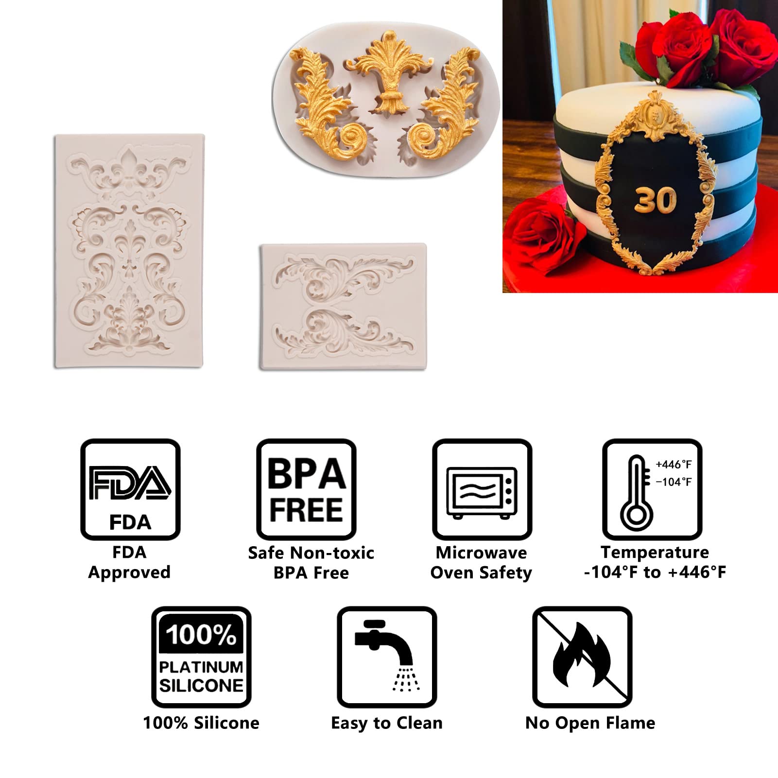Baroque Silicone Fondant Molds, (4 Pack) Scrolls Border Feather Crown Corner Molds, For Cake Cupcake Decorating Chocolate Candy