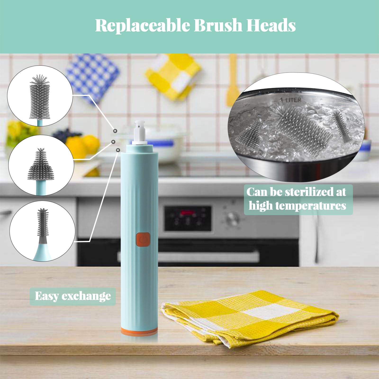 Augensterm Electric Cleaning Brush with USB Rechargeable Electric Bottle Brush Cleaner and 3 Replaceable Silicone Bottle Brushes