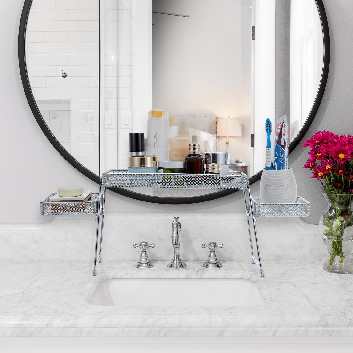 Mygift Chrome Plated Metal Over The Sink Organizer Shelf Rack, 3 Tiered Bathroom Or Kitchen Sink Storage Display Caddy