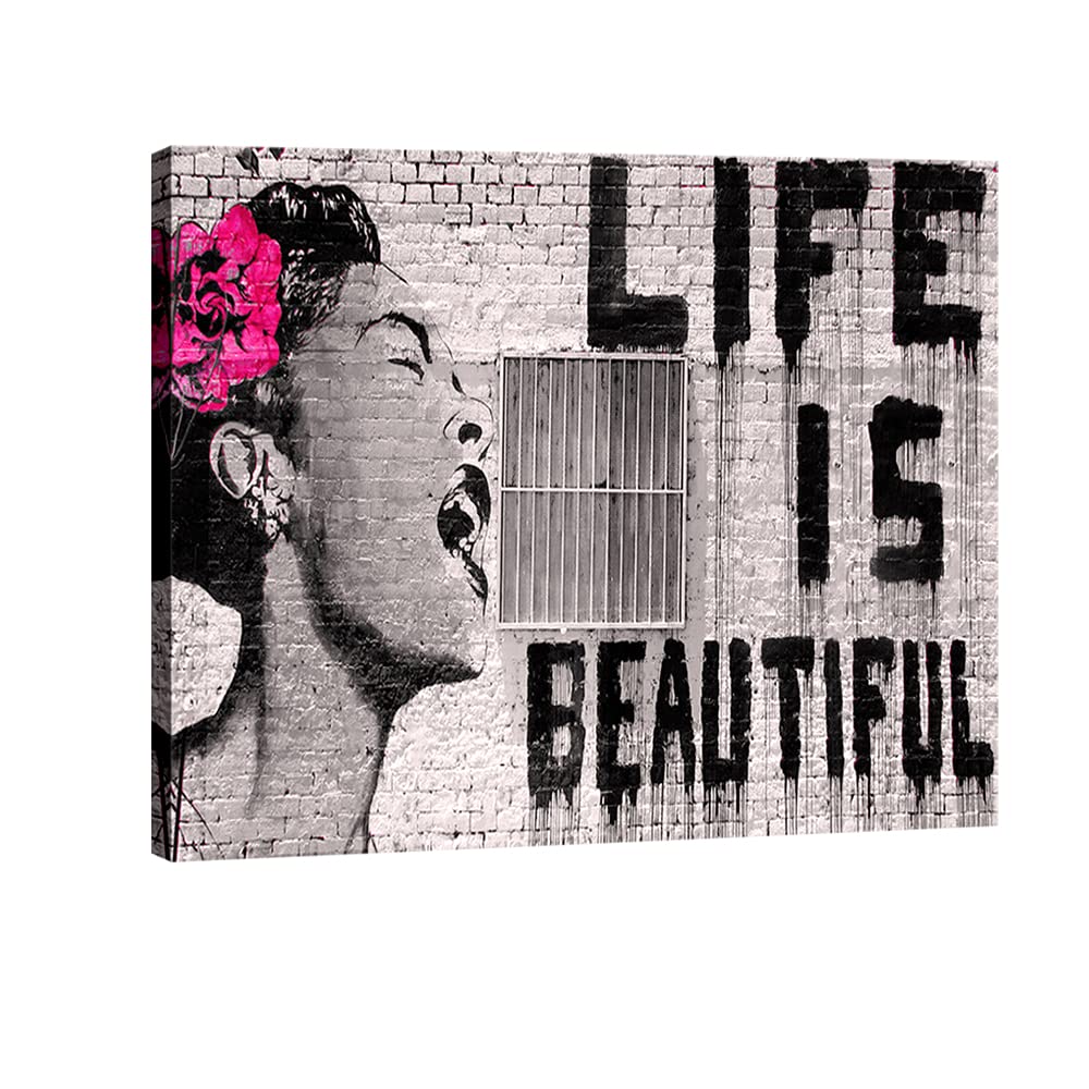 Pyradecor Banksy Life Is Beautiful Artwork Modern Grey Love Pictures Paintings Canvas Wall Art For Bedroom Living Room Home Offi