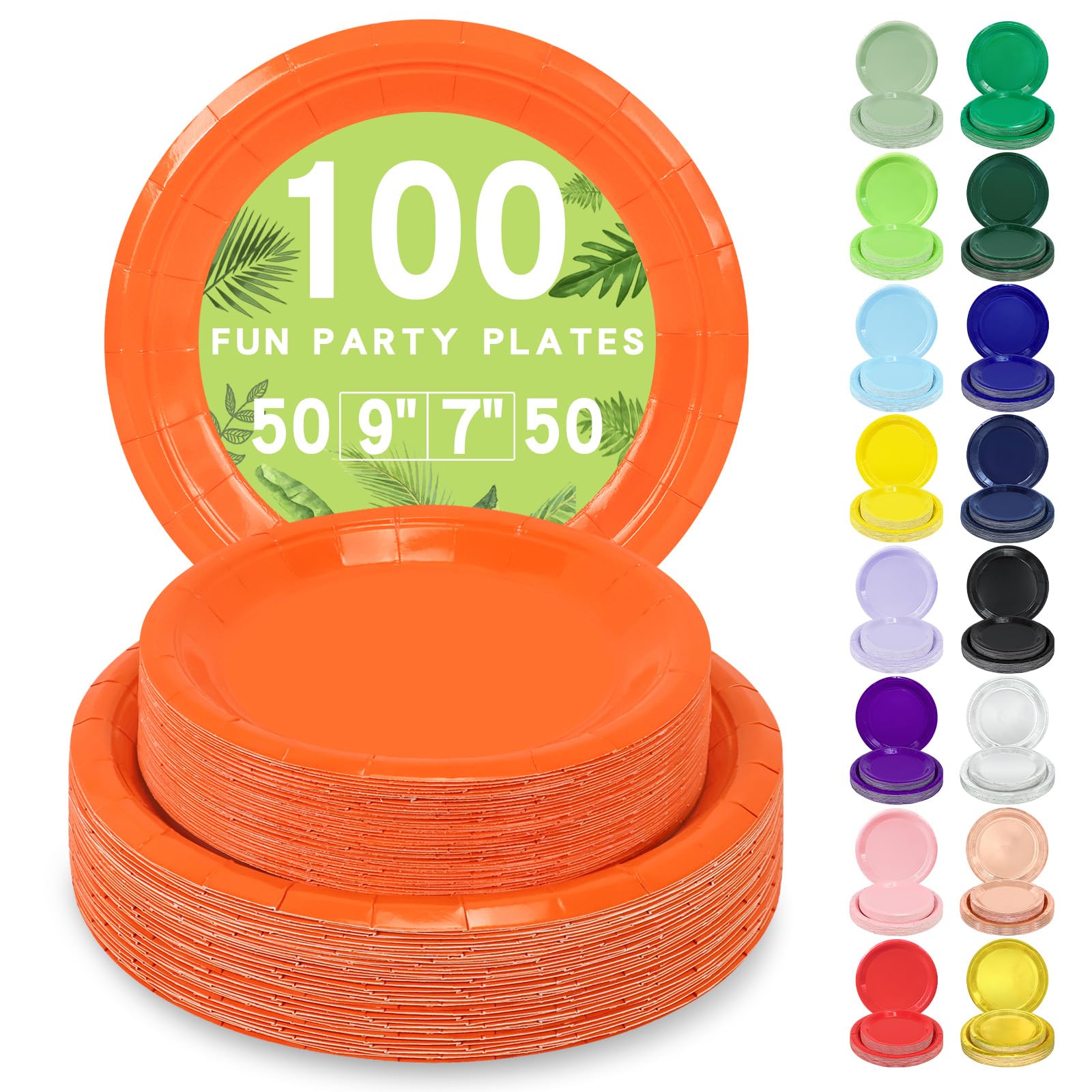 LANLISA 100 Orange Paper Plates Disposable Set Includes 50-9 & 50-7 Disposable Dessert Cake Paper Plates for Party Supplies