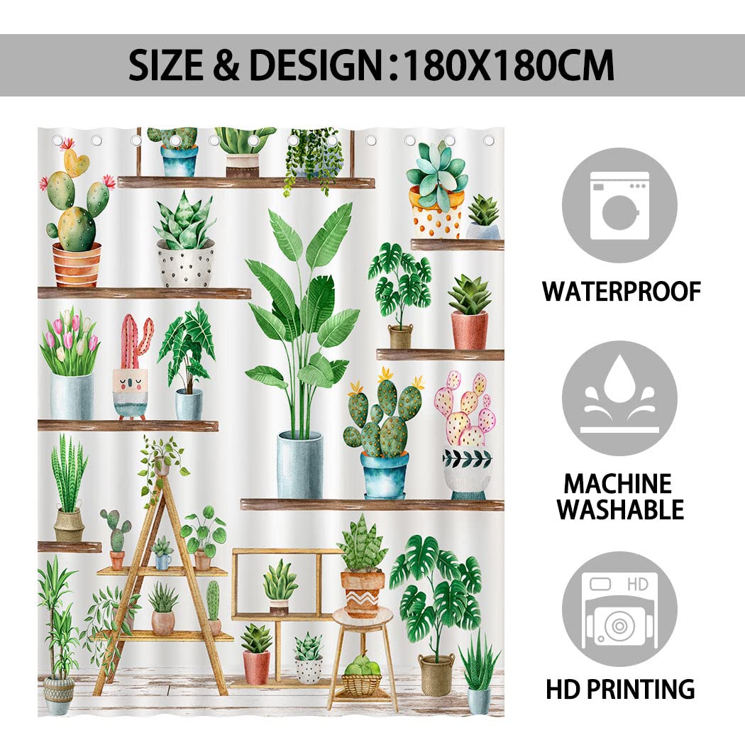 Juirnost Green Plant Farmhouse Shower Curtain Bohemian Potted Plant Shower Curtain For Bathroom Cactus Succulent Plant Bathtubs
