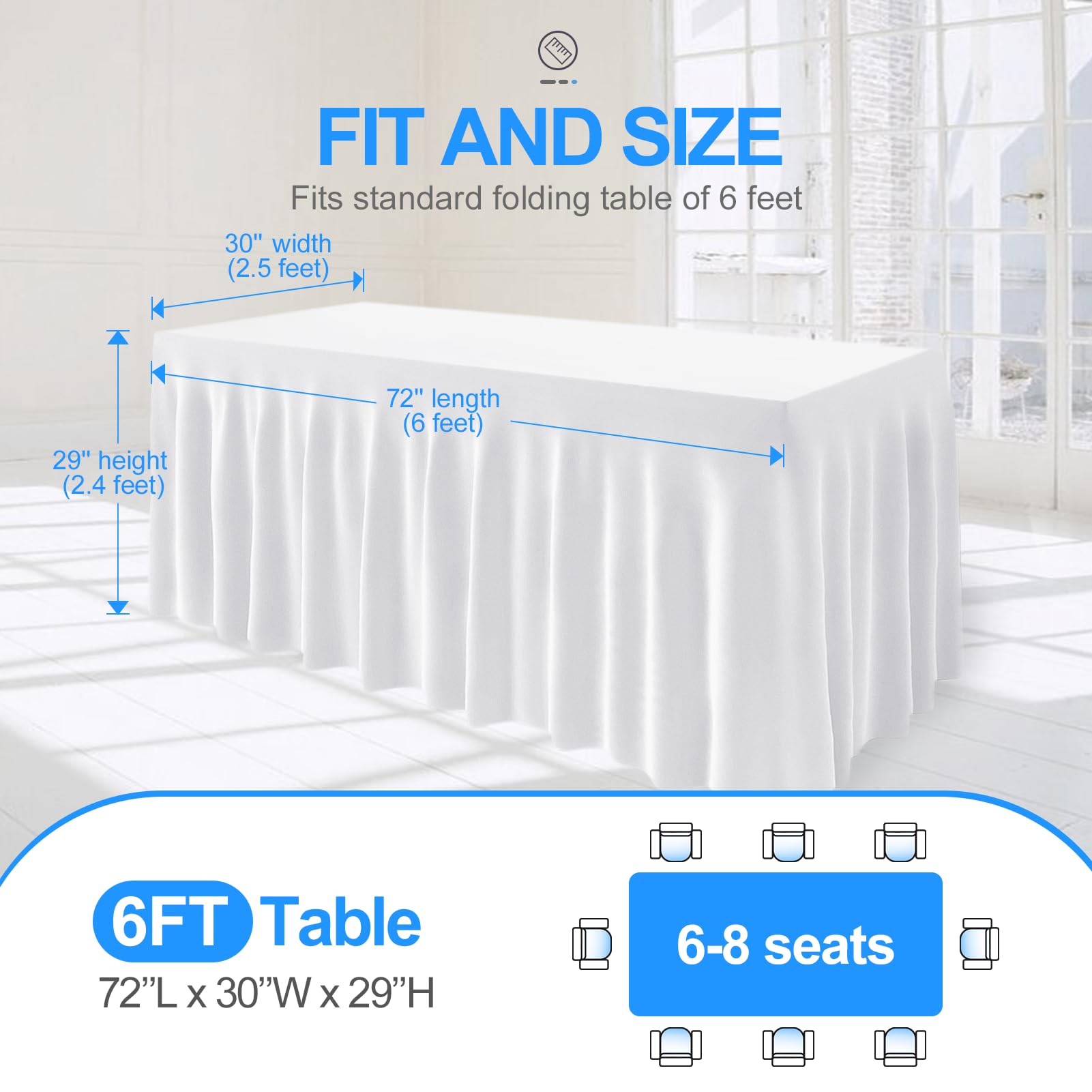 Emart Rectangle Table Skirt For 6Ft, White Spandex Tablecloth Wrinkle Resistant Cover For Banquet Wedding Birthday Party