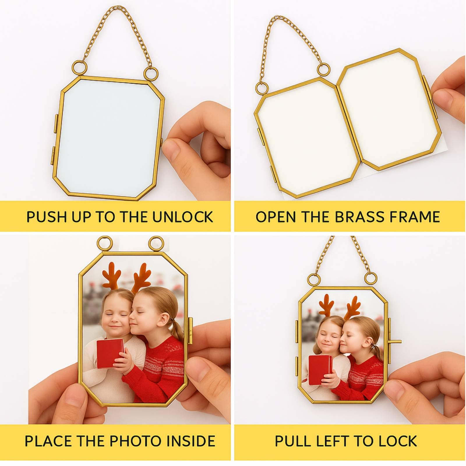 Qunclay 6 Pcs 2.5x3.5    3.5x2.5    Christmas Brass Picture Frame Ornaments Xmas Metal Double Glass Hanging Photo Frame with Met