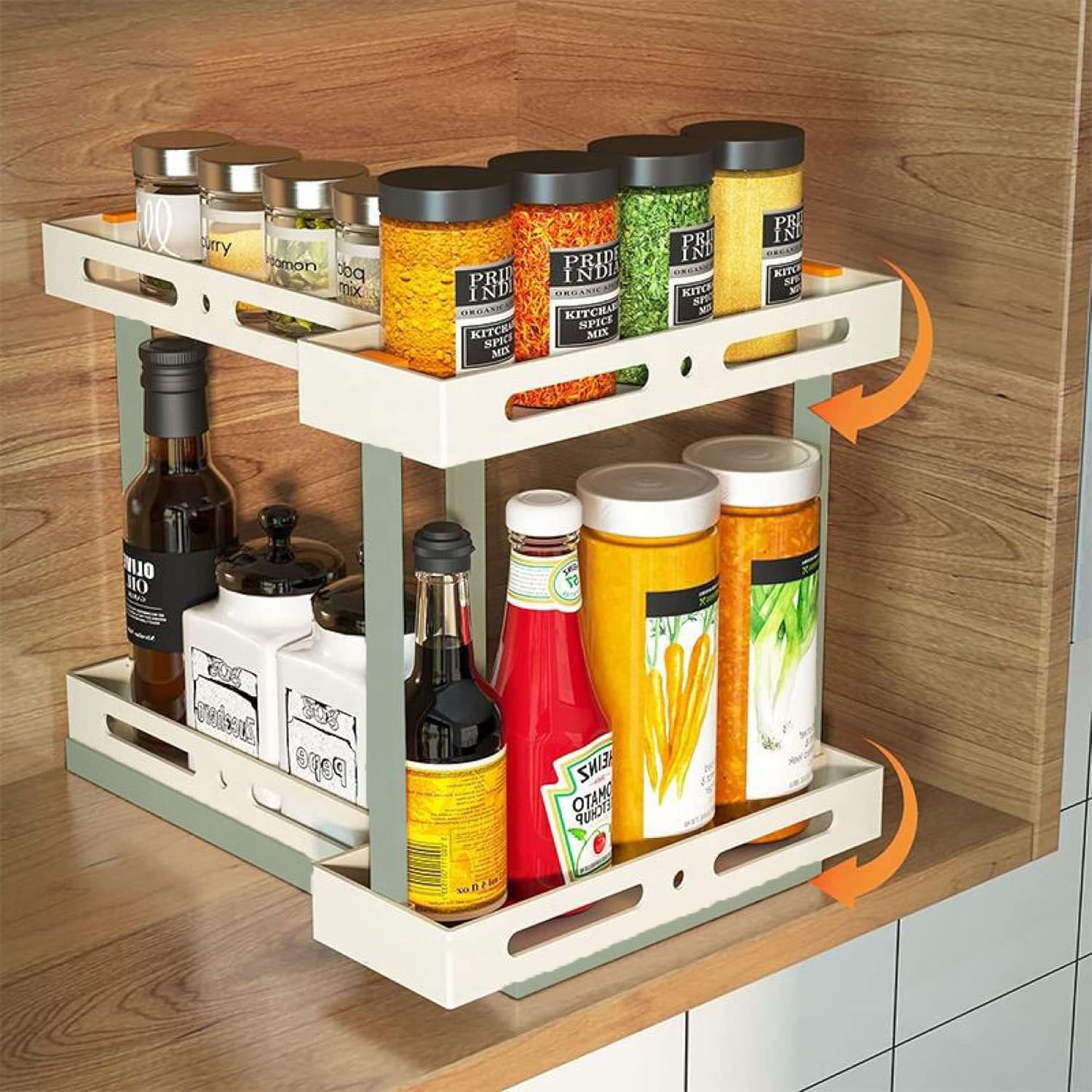 Inovera (Label) 2 Tier Kitchen Spice Rack  Non Skid Base Cabinet Organizer  Sliding Rotating Seasoning Storage Racks (White & 
