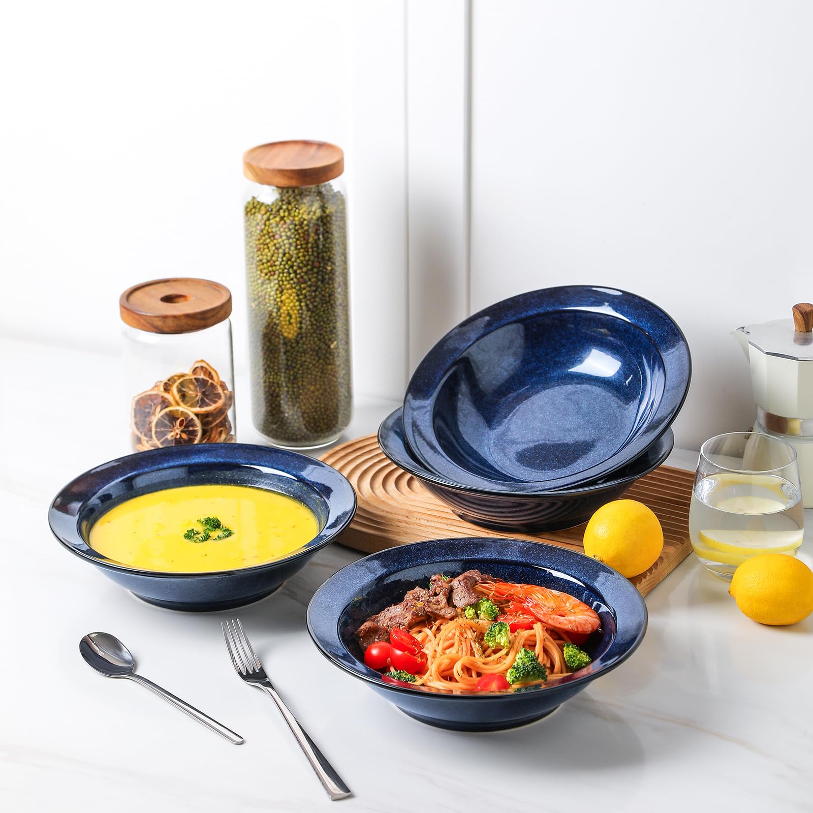 Vicrays Wide Rim Soup Bowls - 27Oz Ceramic Pasta Plates Bowl Set Of 4 For Gumbo Salad Spaghetti Dipping Bread Dishes Home Restau