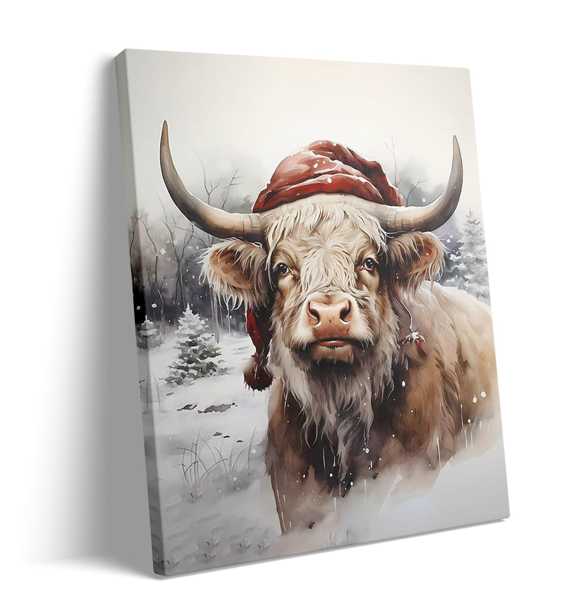 Merry Christmas Cow Canvas Wall Art Highland Cow Canvas Wall Decor Holly Farmhouse House Canvas Poster Decor Xmas Holiday Decora