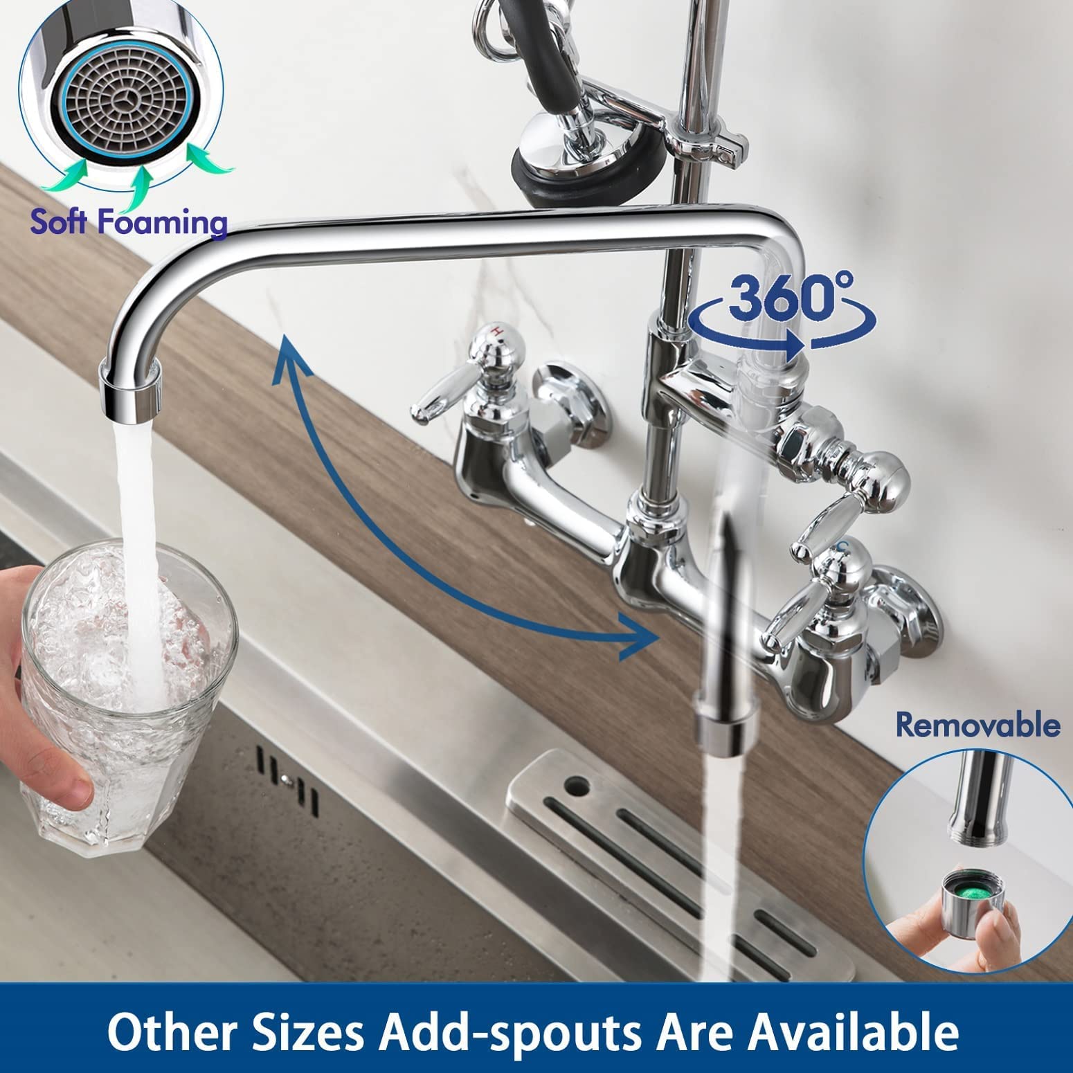 AGAHPAY Commercial Kitchen Sink Faucet with Pre Rinse Sprayer 8 Adjustable Center Wall Mount Restaurant Faucet with 12?Swing Spout 25?Height for Compartment Sink  Industrial  Chrome  Solid Brass