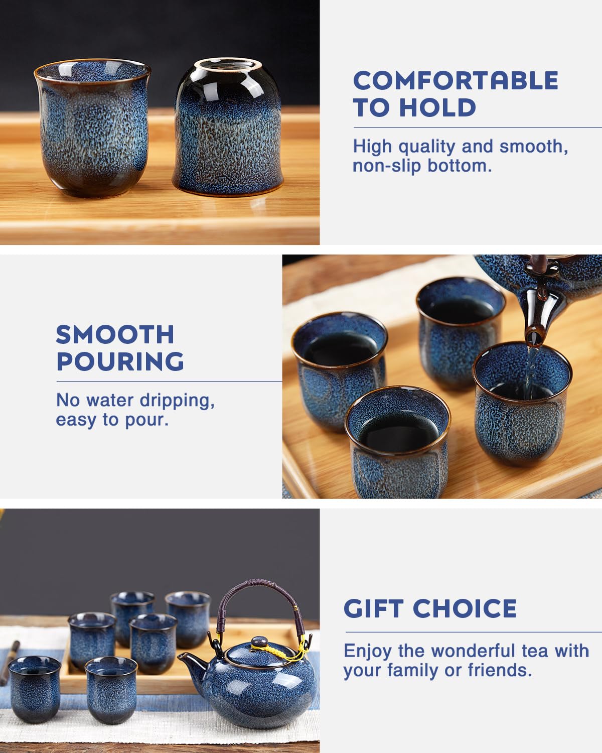 DUJUST Japanese Tea Set for 6  Kiln Altered Glaze Porcelain Tea Set with 1 Teapot  6 Tea Cups & 1 Tea Tray  Unique Chinese Tea Set for Adults/Tea Lovers/Women/Men  Blue
