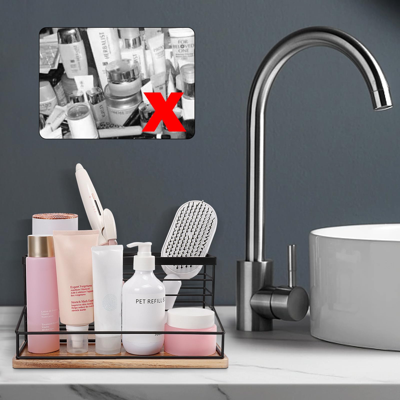 Siyzda Hair Tool Organizer, Movable Hair Dryer Holder, Hair Styling Tools Organizer Storage For Vanity, Black Bathroom Counter O