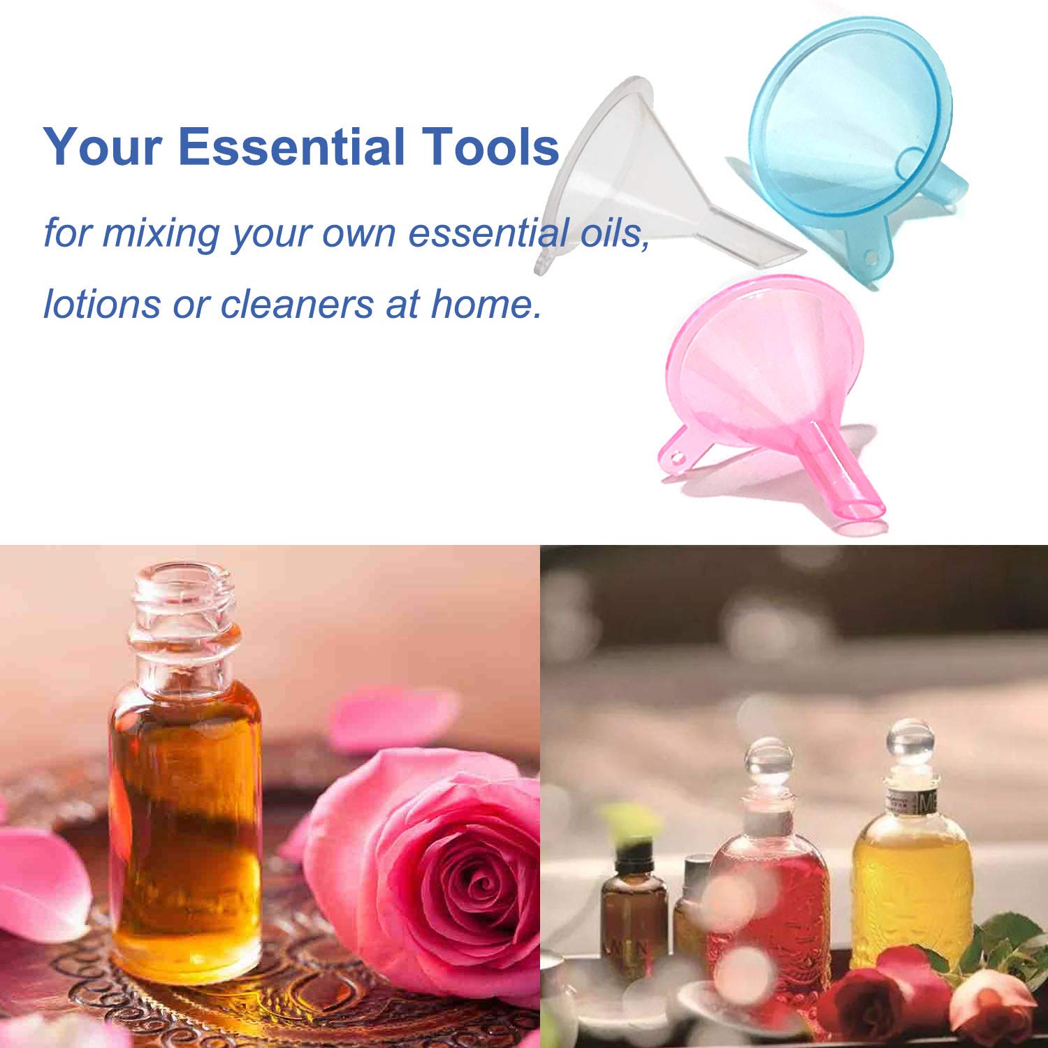Refillable Cosmetic Containers Funnels  Funnels for Filling Bottles of Lotion  Water  Essential Oils  Lotions  Shampoo  Conditions  Cleaning Products  Pink  Clear  Blue