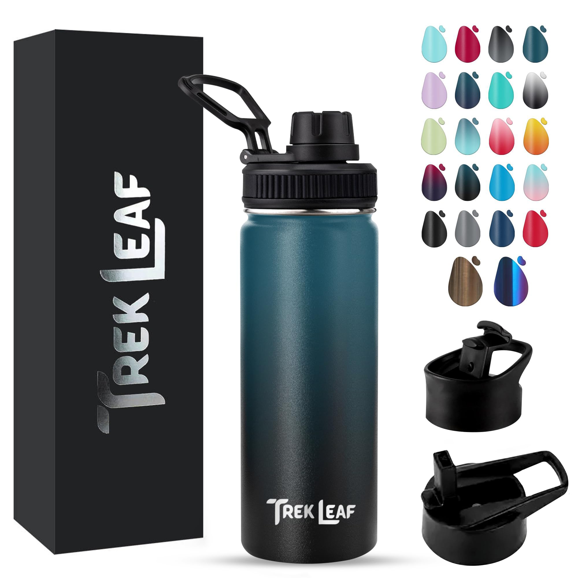 Trek Leaf Travel Water Bottle with 3 Lids (Spout, Straw, Flip) Leak Proof, Quality, Vacuum Insulated, Stainless Steel (Cascade S