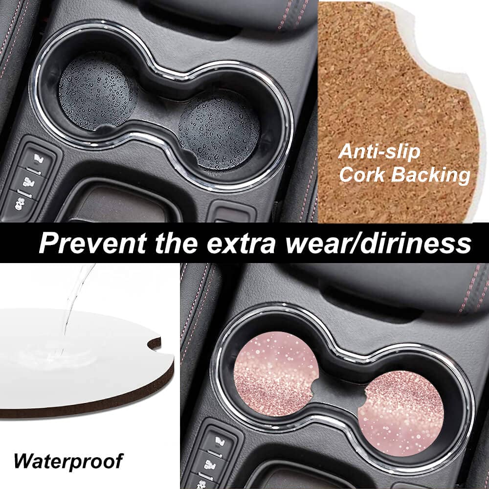 Pink Glitter Absorbent Car Coasters,Pretty Girly Ceramic Cup Holders Coasters With A Finger Notch For Women Men 2.56(2 Pieces)