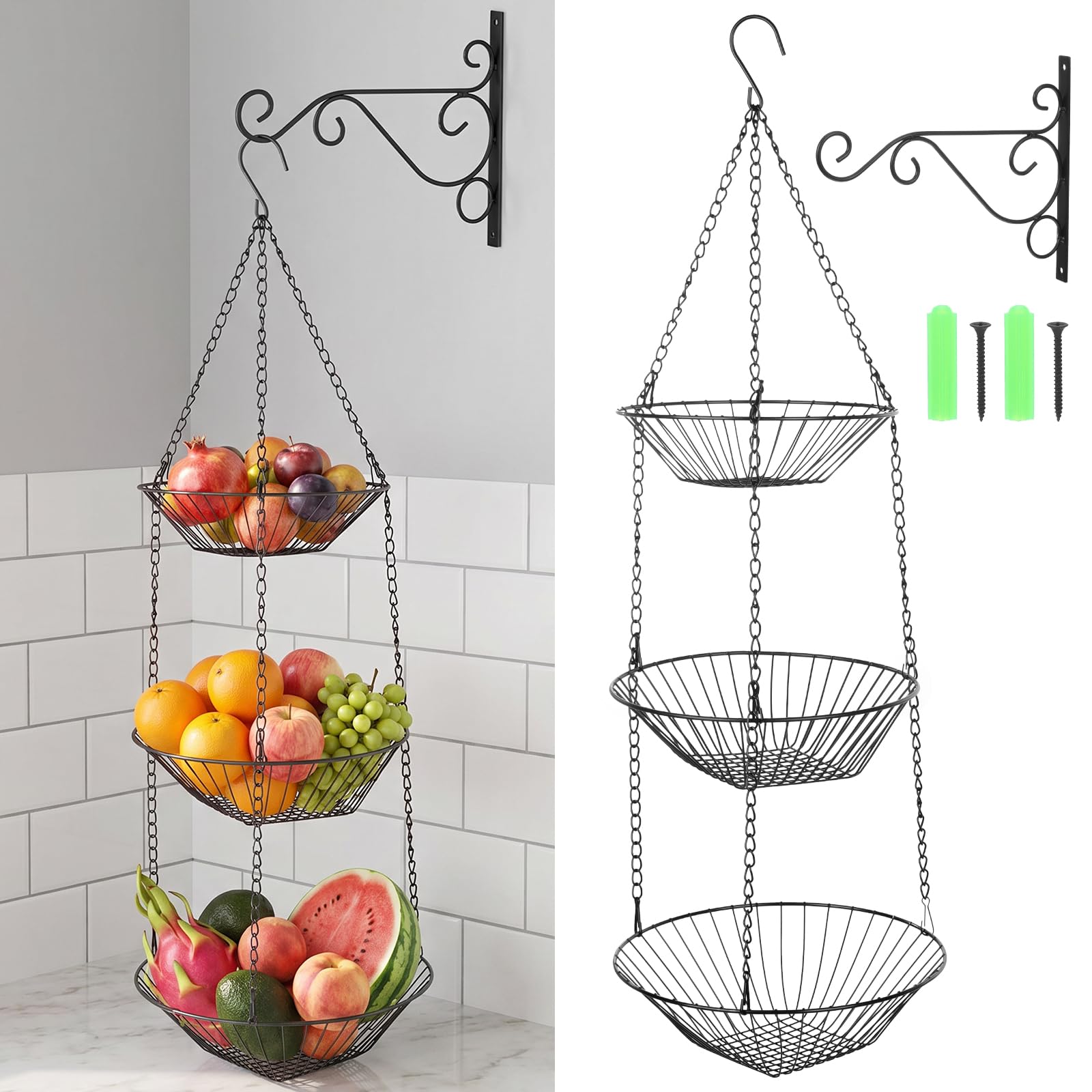 MySHUCE 3Tier Hanging Fruit Basket with Banana Hook, 36Inch HeavyDuty Wire Fruit Baskets with LeafShaped Bracket for Kitchen