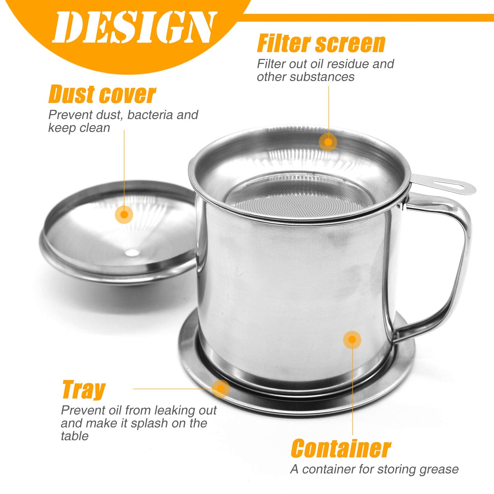 GOLF Stainless Steel Bacon Grease Container with Strainer & Anti-Slip Coaster Tray - Silver