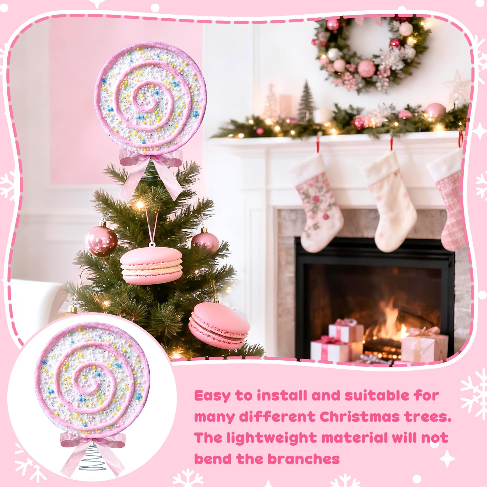 APUDWN Christmas Tree Topper Pastel Lollipop Christmas Tree Topper with Pink Bow 7.87 inch Sparkling Candy Cane Treetop Decorati