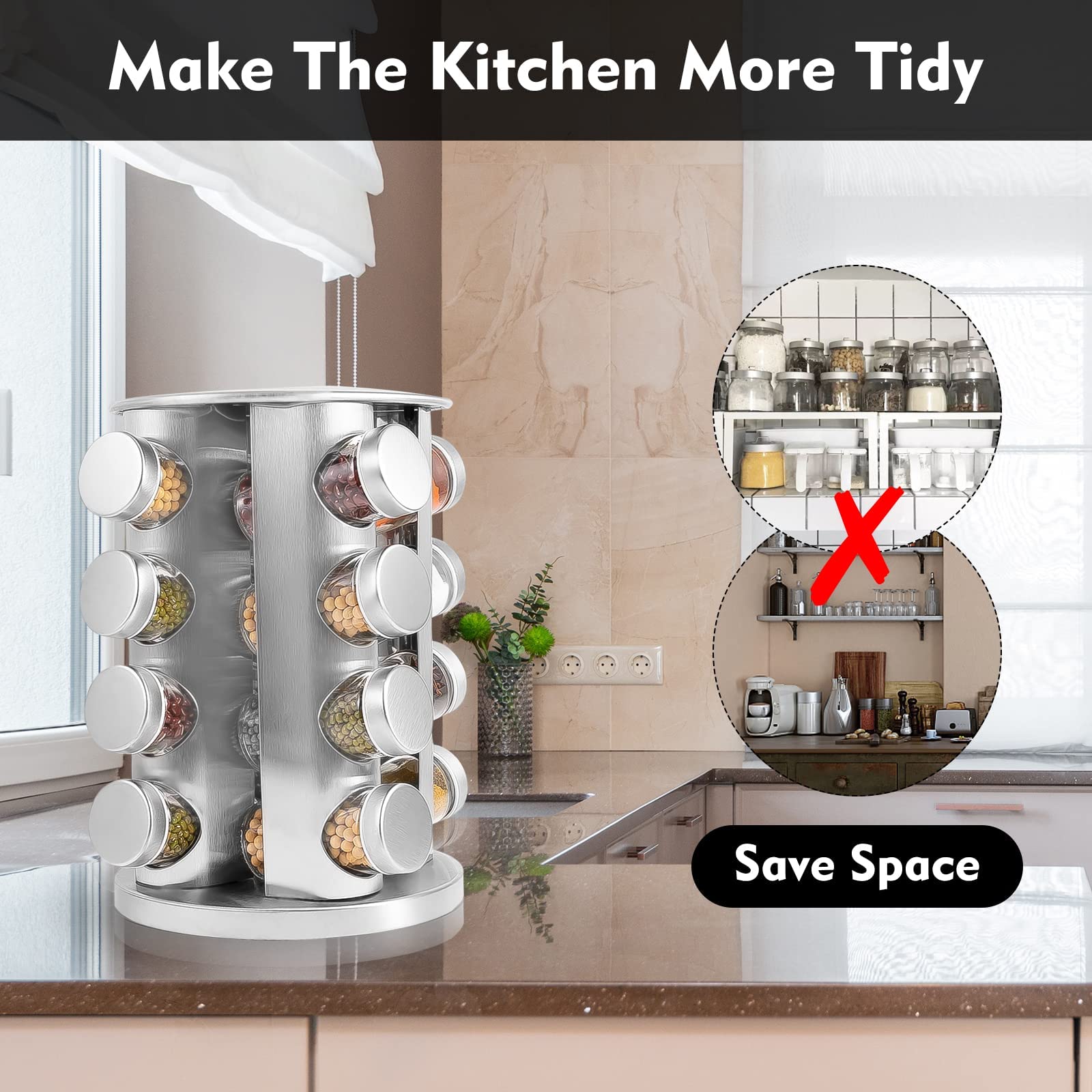 WAYDA Rotating Spice Rack with 16 Jars, Revolving Spice Rack Organizer for Cabinet, Seasoning Organizer Stainless Steel Kitchen